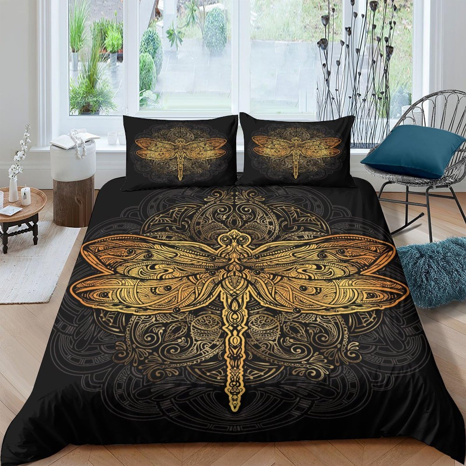 Ctjqhvkz Style-6 3D Printed Golden Dragonfly Fitted Sheet Microfiber Soft Black Artistic Bed Sheet For Bedroom Guest Room Decor Protection Single（135X200cm）