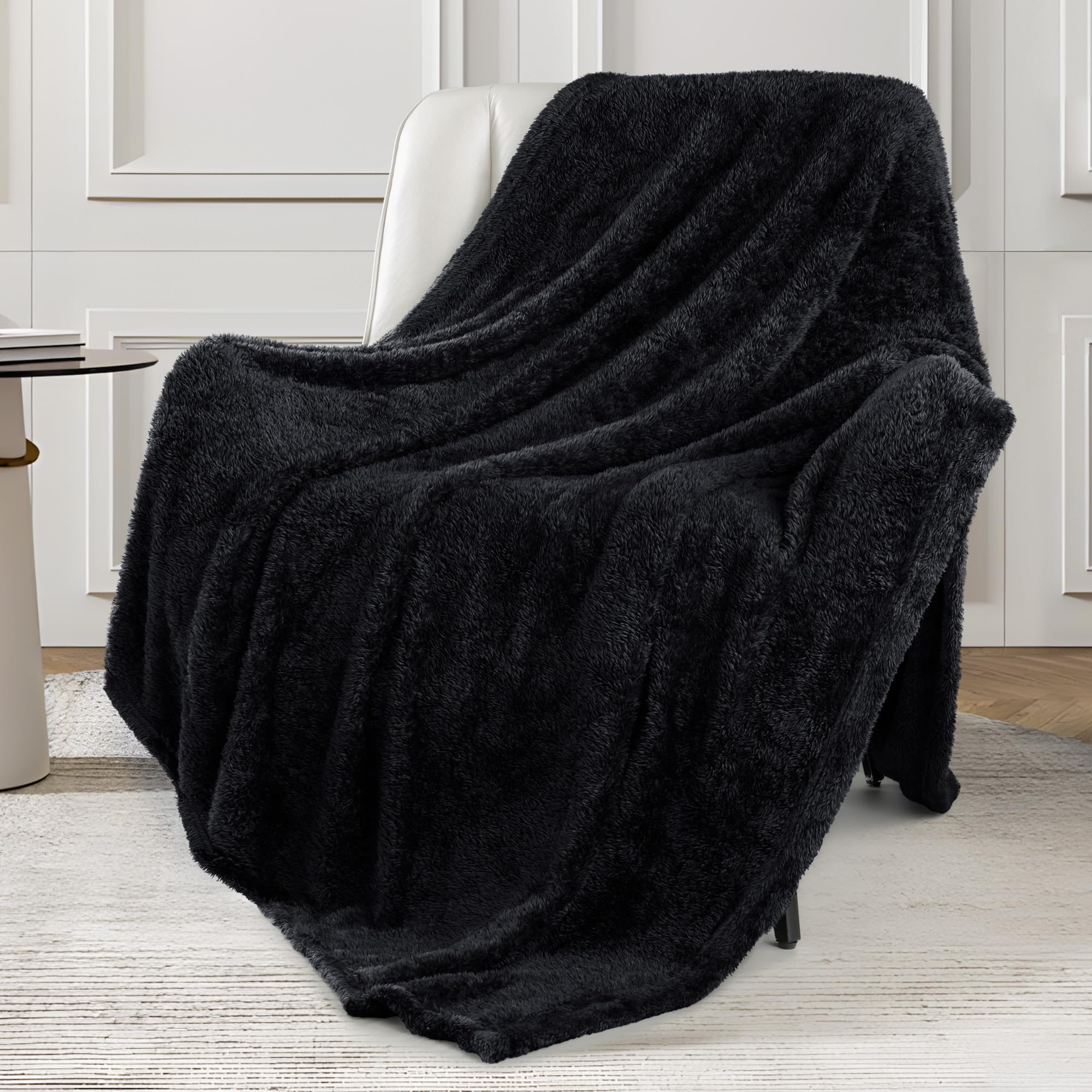 Exclusivo Mezcla Manta Polar, Reversible Suave, 130 × 170 cm | Pelo largo, Ligera, Sólido, Múltiples Usos, Toda Estación, Aire Libre, Lavable a Máquina y Secable, Negro OEKO-TEX STANDARD 100