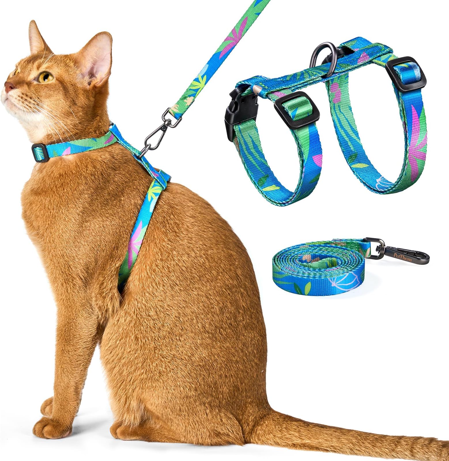 PetThem Cat Harness and Leash Set - Escape Proof Adjustable Cat Harness, Comfortable Soft Lightweight, Use Safe & Easy, Walking Travel Kitten Harness for Small Medium Large Cats (Hawaii Green)