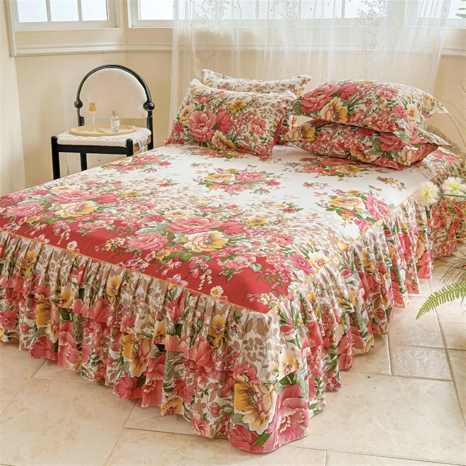 Falda de Cama de Estilo Floral, Colcha de Encaje de Doble Capa, Funda de Cama con Volantes, Protector de colchón for el hogar FaldóN De Cama Ruffle Wrap Colcha Gruesa(C,180x220cm 1pc)