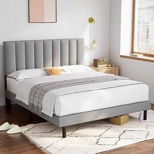 Miniatura 3 de Molblly Base de cama tamaño King tapizada con cabecero y listones de madera fuertes, base de colchón, antideslizante, no necesita somier, fácil