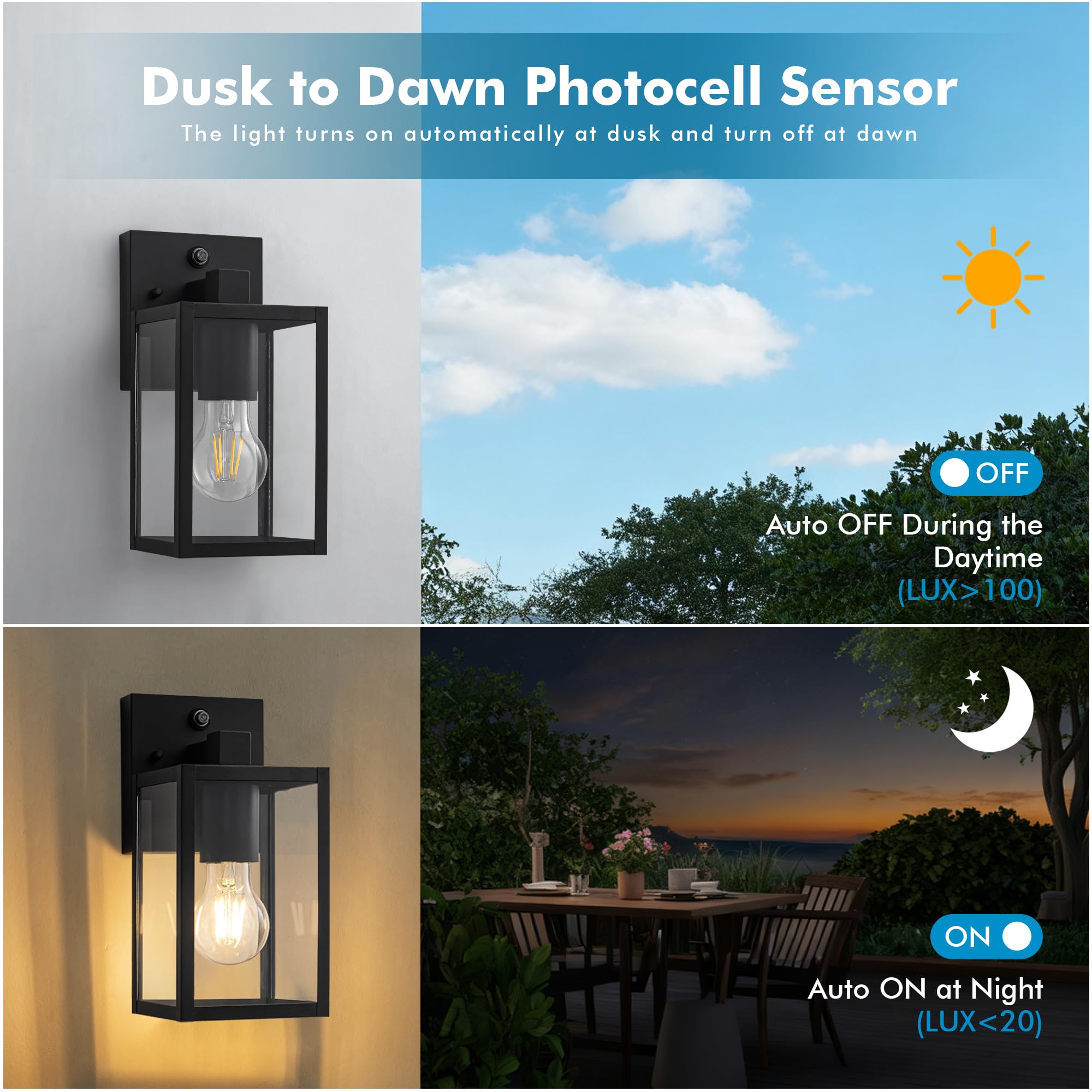 FTL Außenwandlampe mit Dämmerungssensor 2-pack, E27 Kleine Aussenlampe Wand, Ausenbeleutung Hauswand Sicherheitsbeleuchtung mit automatischem Ein-/Ausschalten, IP44 Außenwandlaterne für Garten Flur