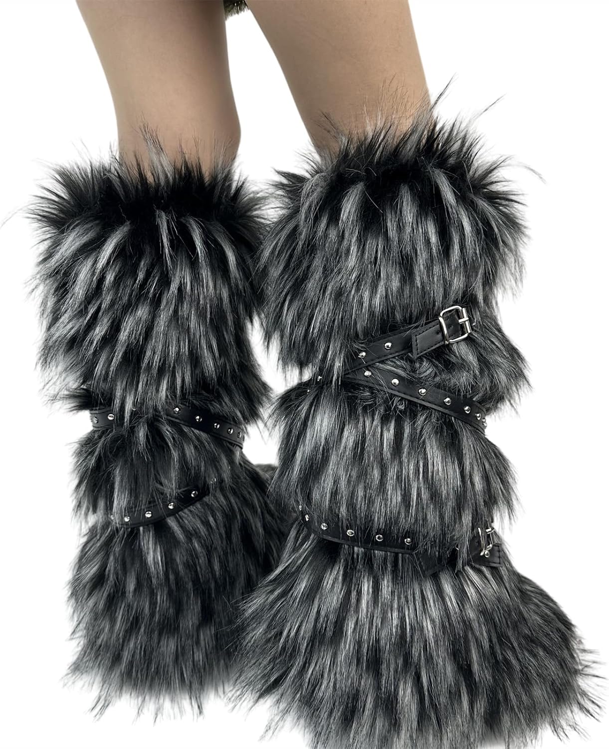 UOQAPRE Faux Fur Boots for Women Snow Boots Fuzzy Leg Warm Boots Furry Mid-Calf Boots Warm Comfortable Outdoor Flat Shoes