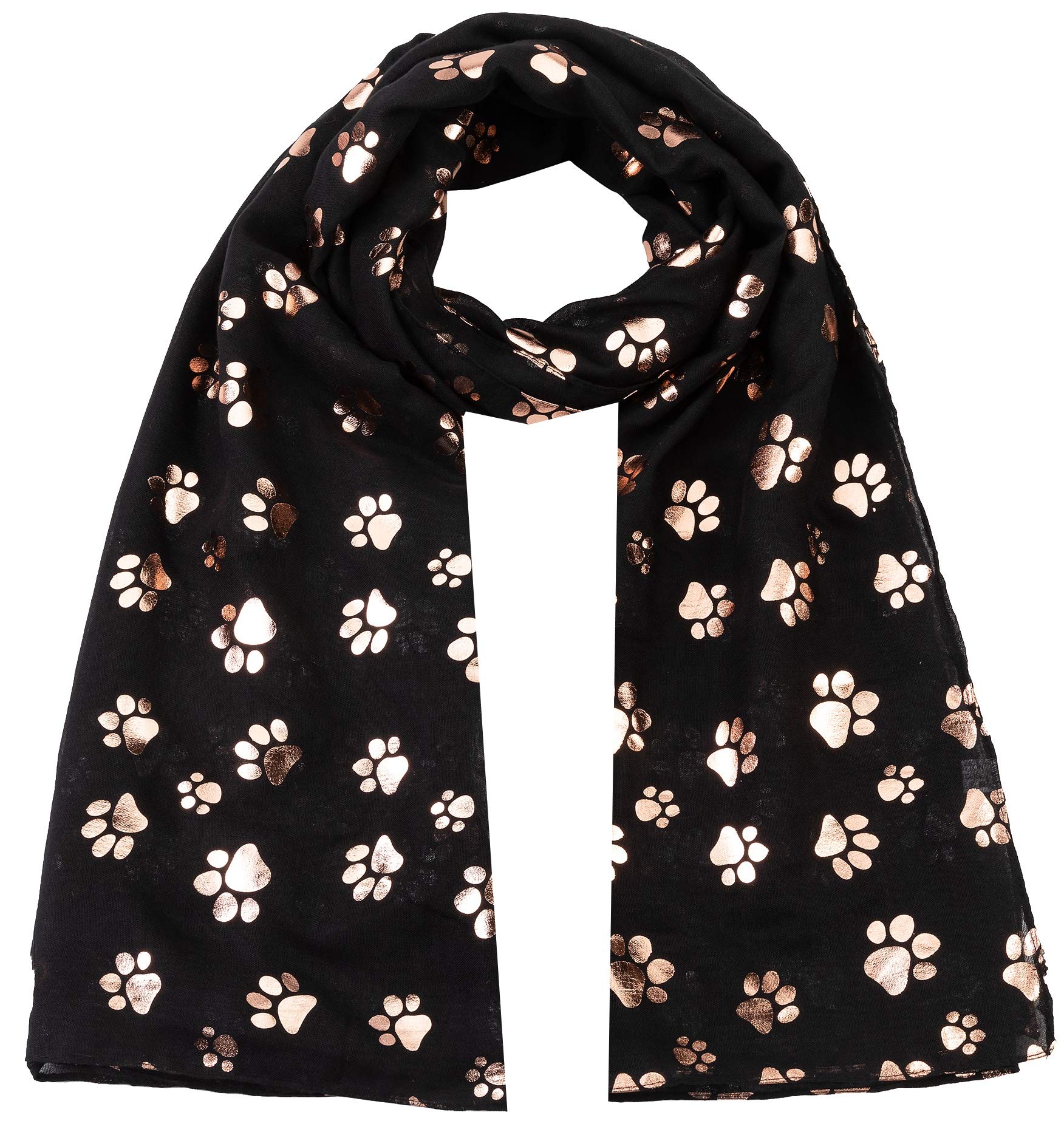 World Of Shawls Black Rose Gold Foiled Animal Dogs Paw Print Scarf Wraps Shawl Scarves (Black)