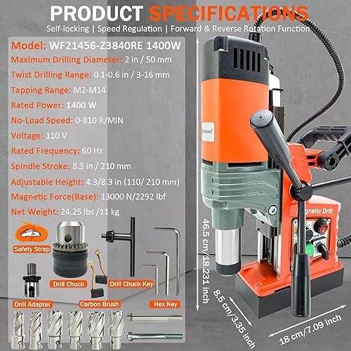 Miniatura 9 de Prensa de taladro magnética, 1400 W Mag taladro prensa con 2 pulgadas de diámetro. 2922lbf/13000N fuerza mag, máquina de perforación eléctrica de