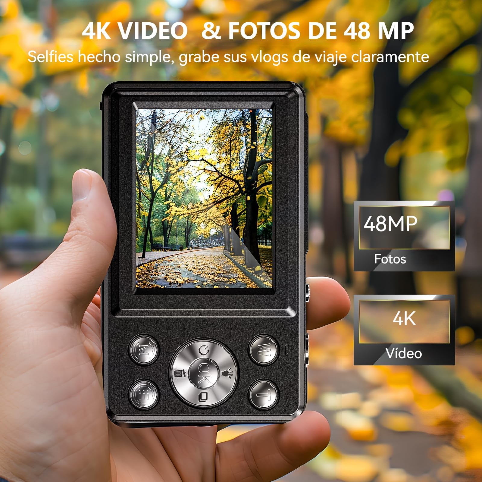 Cámara Digital 4K【2 Pantalla】 - 32 GB, 48 MP, Ultra HD Autoenfoque Cámara Digital Compacta, Pantalla LCD Trasera de 2,4" y Frontal de 1,3", Zoom 18X, para Vlogs, Principiantes, Viajeros