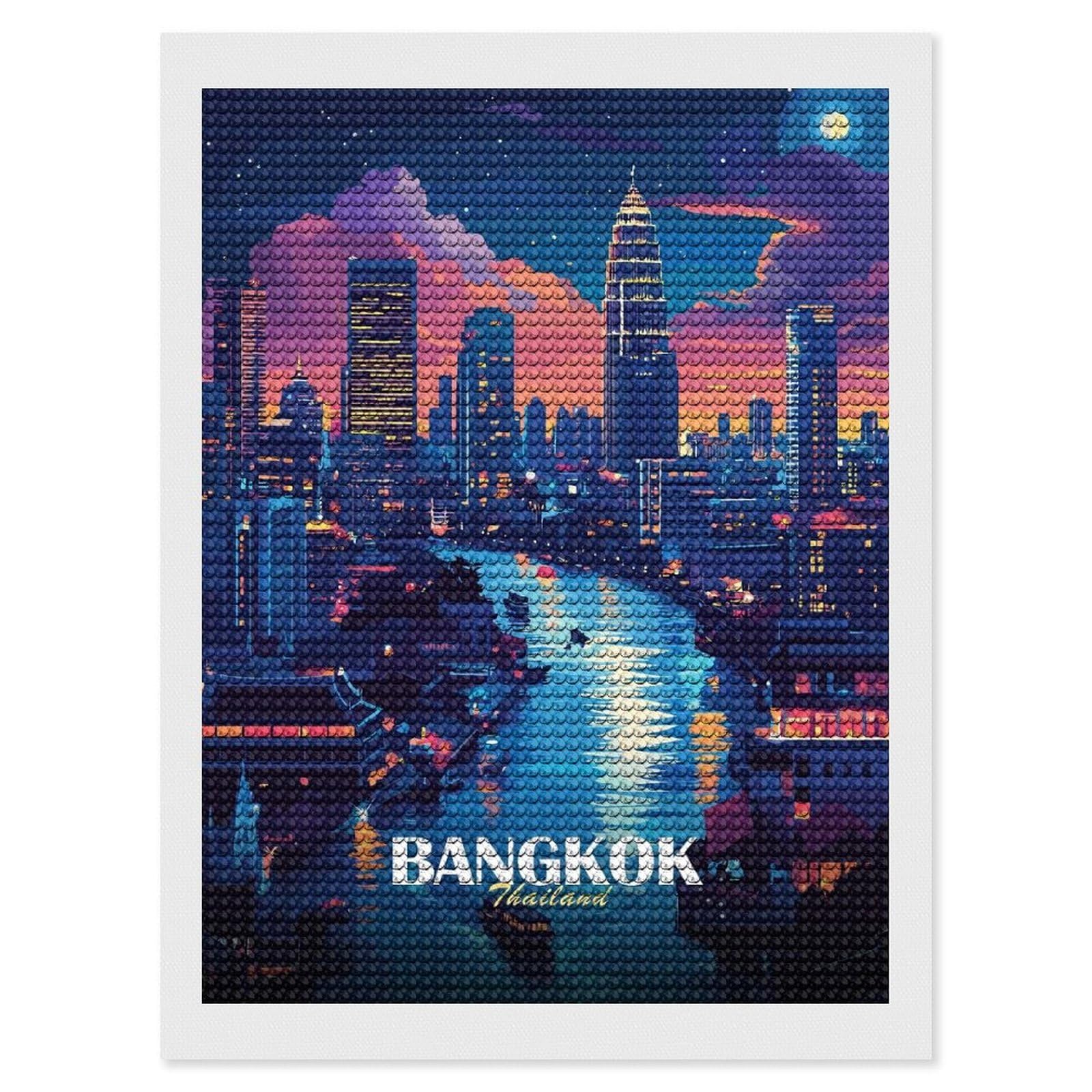 Junmoney Bangkok Thailand Cityscape at Night Full Drill Diamond Painting Kit 12"x16", for Teens, Calming Craft to Unwind, Home Wall Decor, Christmas Gift