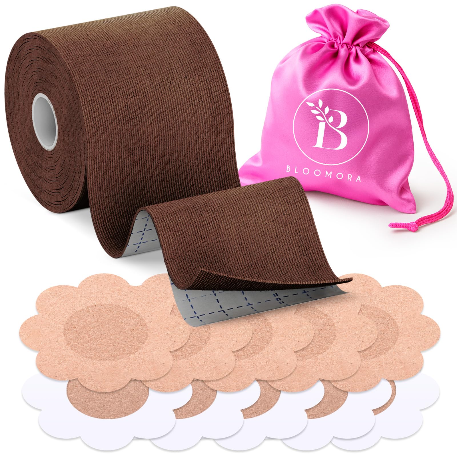BLOOMORA Boob Tape – Silicone Nipple Covers & Invisible Breast Tape for Women – with Accessories - Large Breasts & Strapless Dresses – Brown