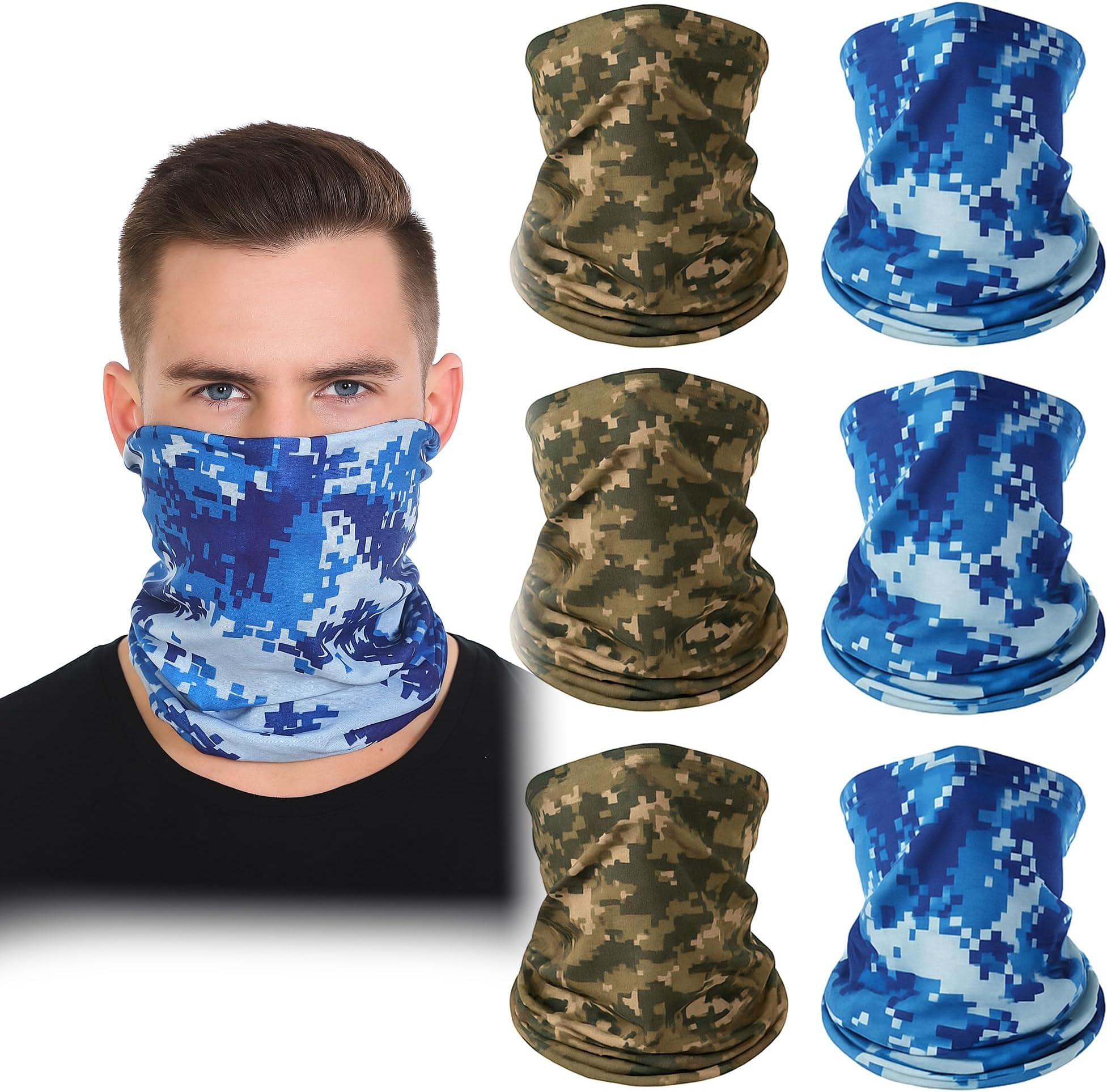 Triple9-6 Pack Neck Gaiter, Balaclava Cooling Breathable Face Mask UV Protection Scarf Hiking Bandana for Men/Women (6PK Small Camo Blue)