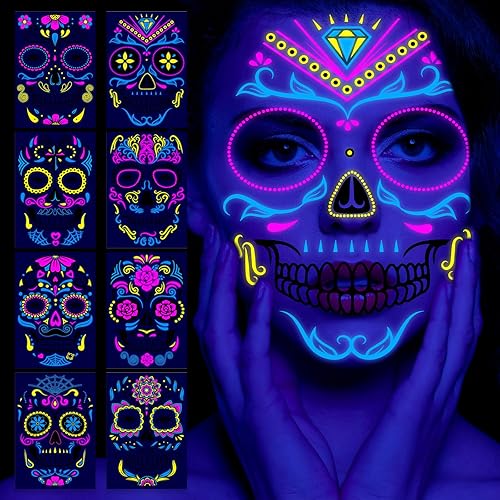 Miniatura 6 de 8 hojas de tatuajes faciales de neón del Día de los Muertos que brillan en la oscuridad, tatuajes temporales de esqueleto de Halloween, maquillaje