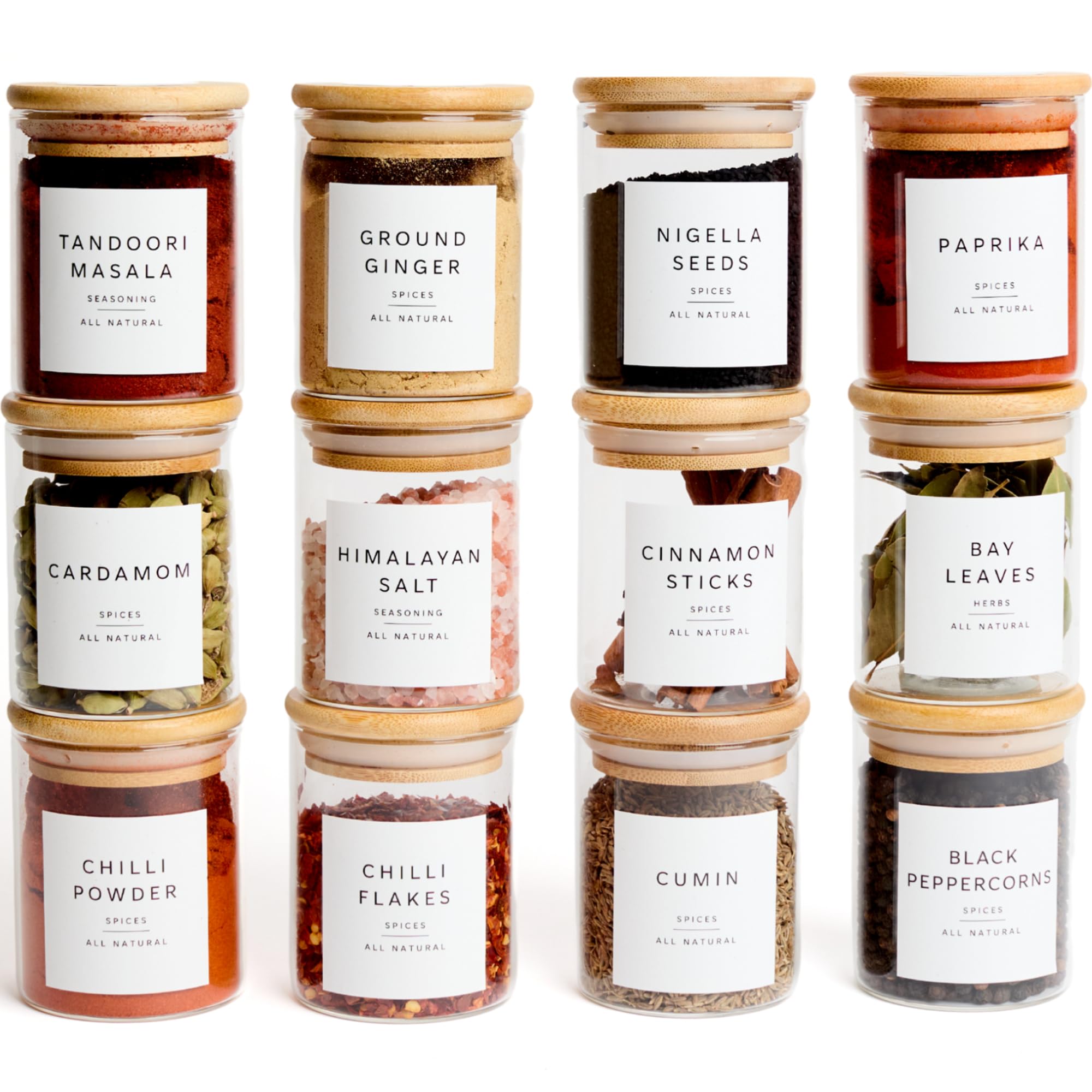 Glass Spice Jars with Lids and Labels – 12 Bamboo Lid Spice Containers - 200ml Airtight Jars with 360 White UK Designed Waterproof Pre-Printed Labels - Complete Herb, Seasoning & Spices Storage