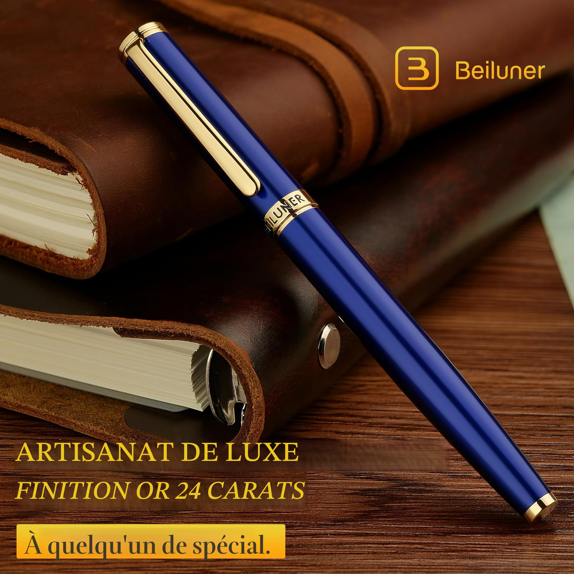 BEILUNER Stylo Plume de Luxe, Magnifique Finition Piano Laqué et Or 24K, Cadeau Fiable avec Convertisseur pour Hommes & Femmes, Stylo Élégant pour l'Écriture - Bleu & Or, Plume Moyenne