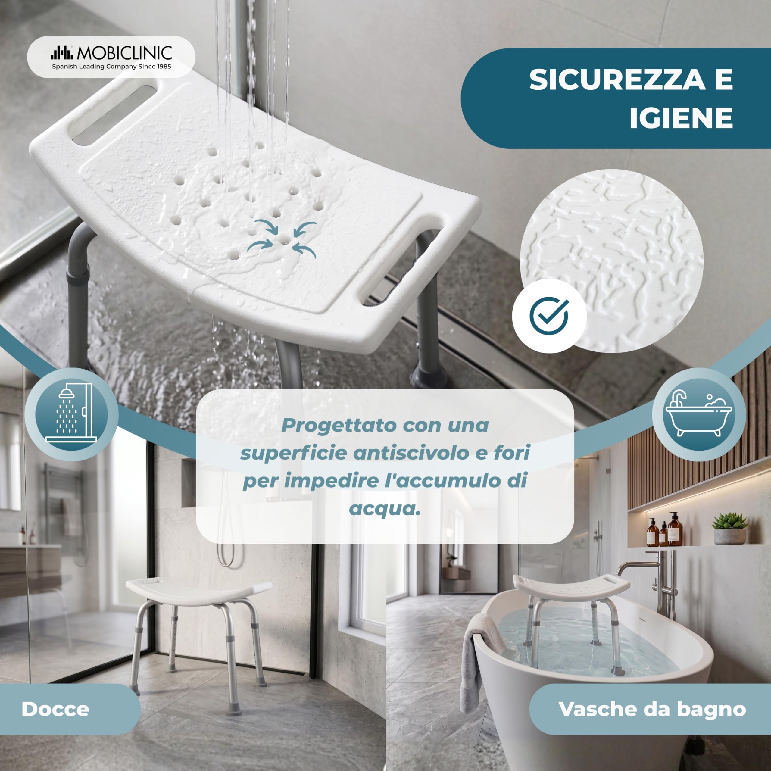Mobiclinic®, Sgabello da Bagno, Piedini Antiscivolo, 7 Altezze Regolabili, Sedile a Forma di U, Fori di Drenaggio, Portata Massima 100 kg, Leggero, Facile da Montare, Alluminio, San Fermín