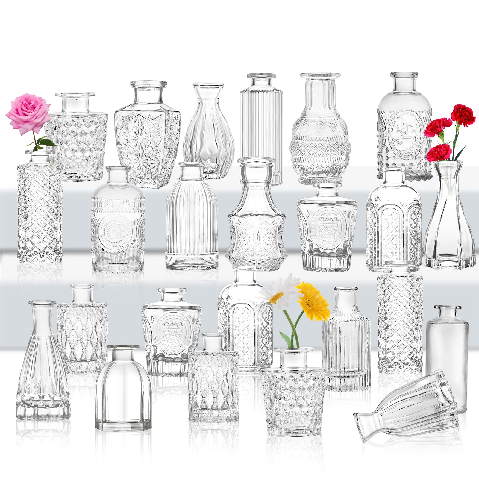 Glass Bud Vase Set 24, Small Flower Vases for Wedding Centerpiece Table Decorations Clear Vintage Embossed Mini Flower Arrangements in for Party or Home Room Decor