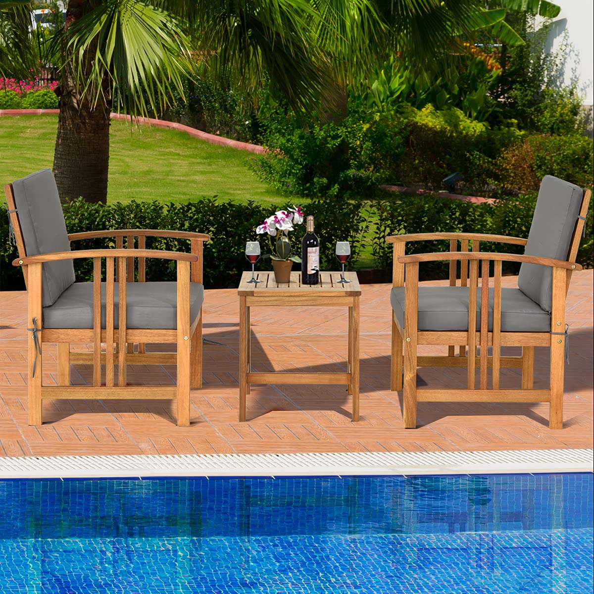 COSTWAY Conjunto Jardin Exterior de 3 Piezas, Madera de Acacia | , 2 Sillas y Mesa de Café, Cojines de Asiento y Respaldo Extraíbles, Muebles Conversación Jardin Terraza Balcon Exterior