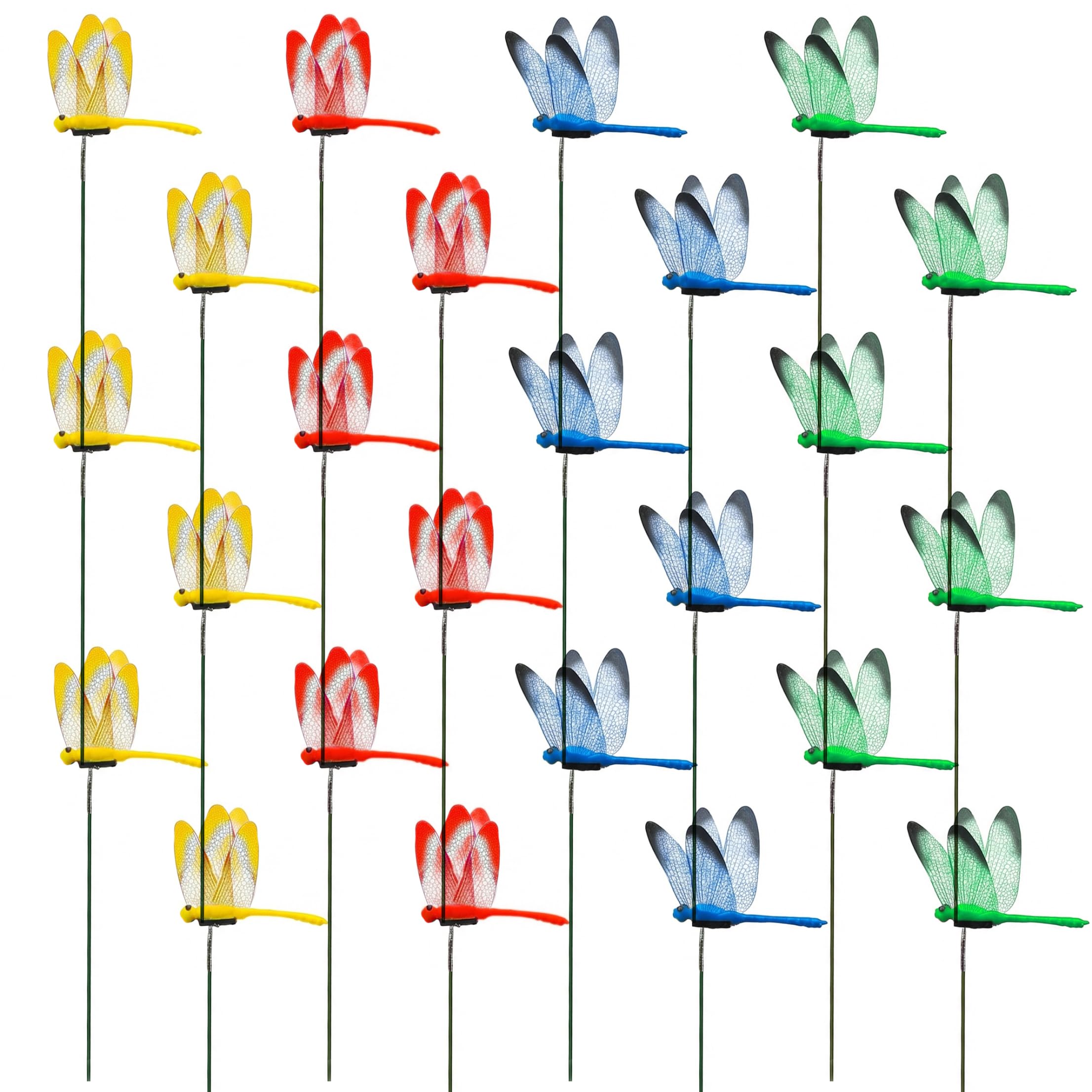 Ameble 24pcs 9.84 Inch Realistic Dragonfly Clips for Bugs Repellent, 3D Decorative Garden Stakes in 4 Colors, Outdoor Pest Control Deterrent, Garden Art