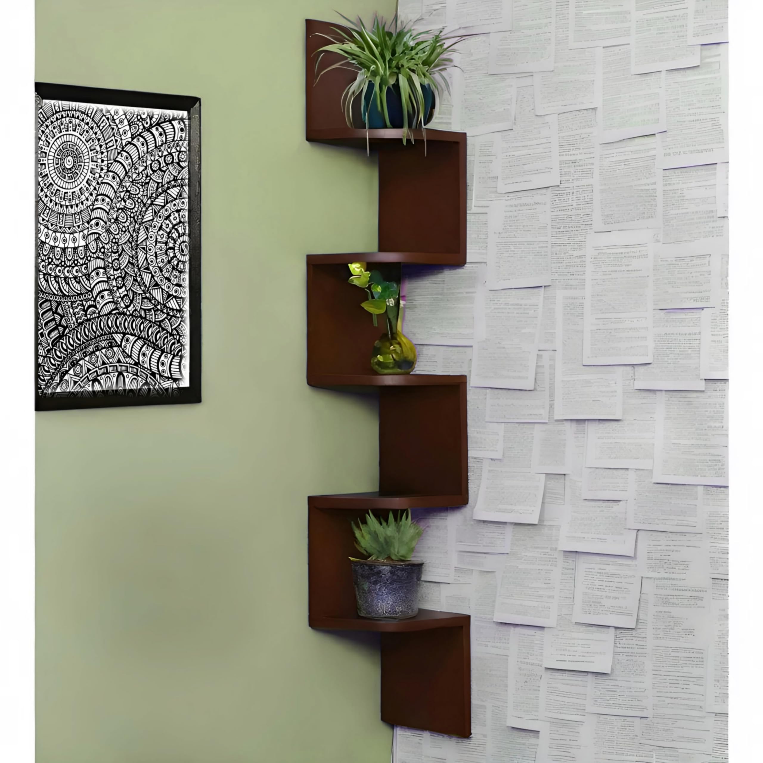 Dime Store Engineered Wood Zig-Zag Shaped Wall Shelf for Plant Stand - Hanging Decor Rack for Living Room & Balcony - Pot Stand for Wall Planter Room Decor-image-35