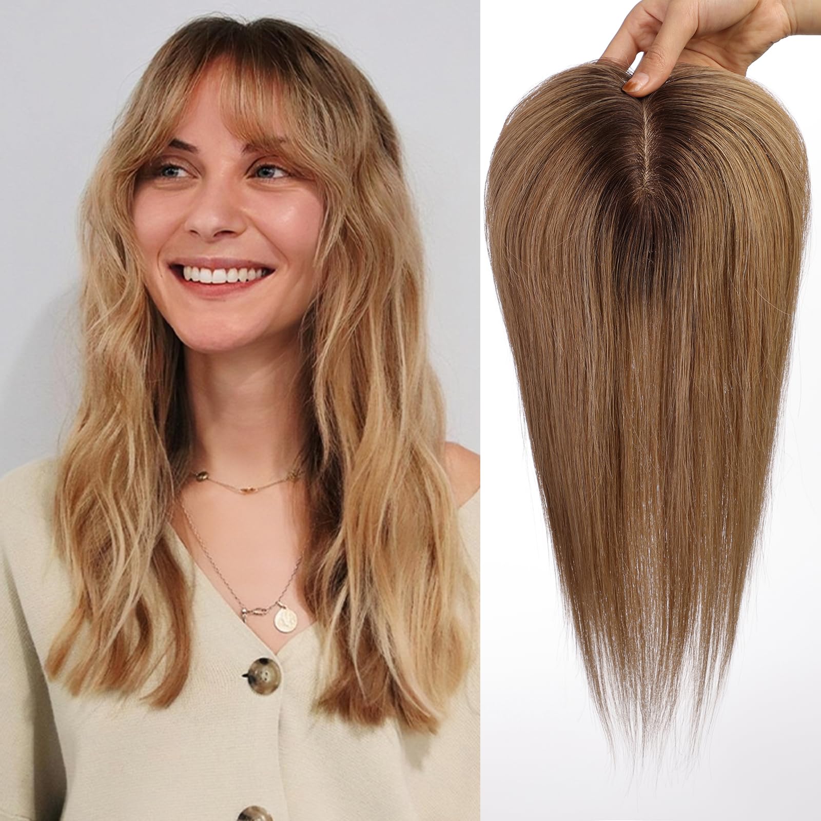 HAIRCUBE Toppers for Women, 100% Remy Human Hair With Bangs, 150% Density Silk Base Clip In Topper for Slight Hair Loss/Thinning/Gray Hair, 14 Inch 50g - Ombre
