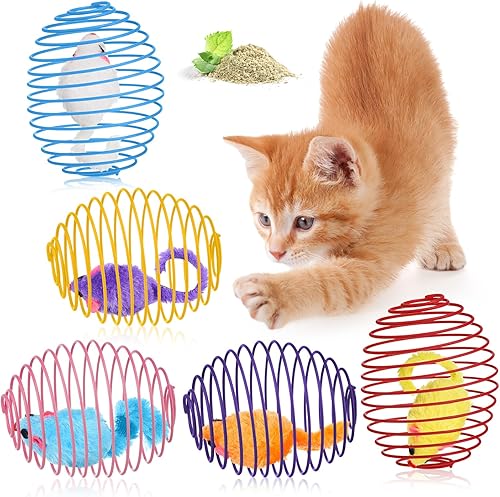 Miniatura 26 de Jecery 5 bolas de resorte para gatos, bolas elásticas para gatos, bobinas coloridas y juguetonas, juguete de acción interactiva, ratas enjauladas