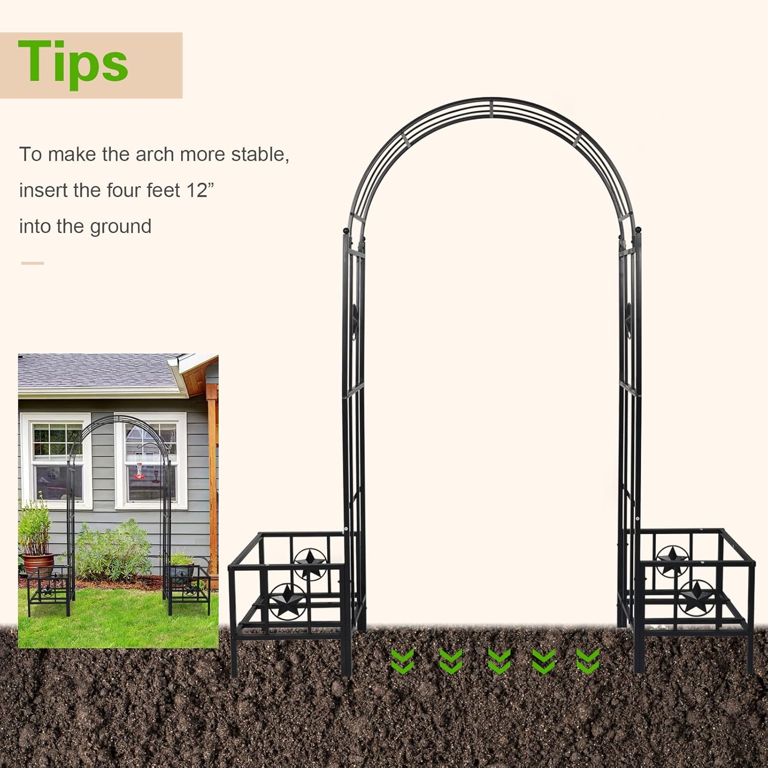 Outdoor Metal Garden Arbor 7’5’’H x6’7’’W Arch Trellis with Planters Arbour Plant Climbing Support for Rose Vines, Plant Lawn Backyard