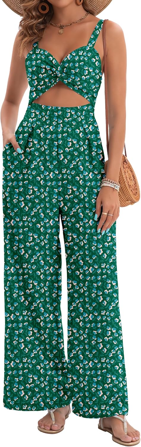 AGERWAY Womens Summer Jumpsuits Dressy Sexy V Neck Twist One Piece Outfits Sleeveless Casual Wide Leg Long Pant Rompers