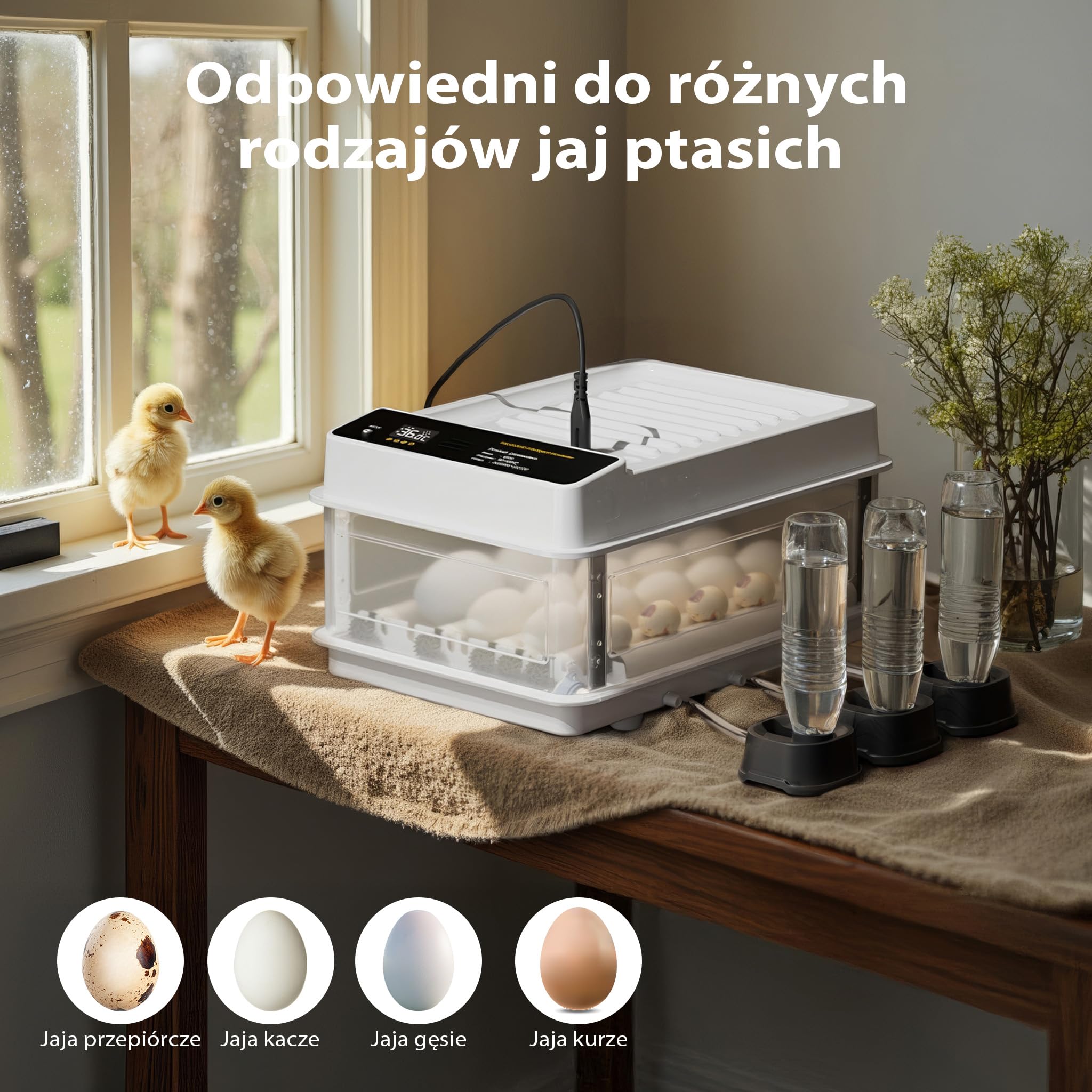 W pełni automatyczny inkubator powierzchniowy Fudajo na 24 jaja, inkubator 80 W z systemem obracania, inkubator z kontrolą temperatury i regulacją wilgotności, inkubator do jaj wylęgowych