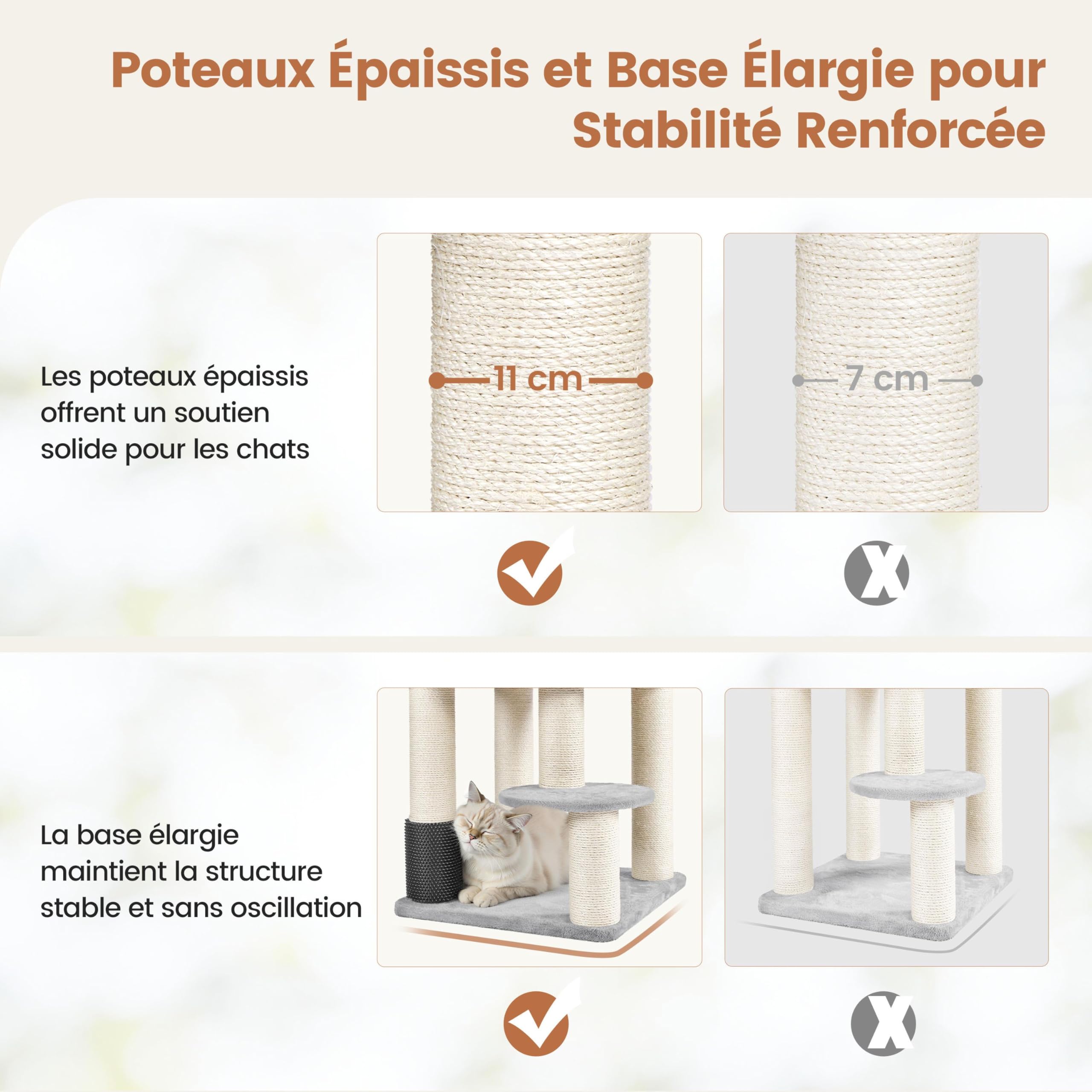 Abician Arbre à Chat XXL, Tour de Jeux pour Chat 25 KG, 56×56×160 cm, avec Griffoirs/Grande Niche/2 Panier/Perchoir/2 Jouets, Poteaux en Sisal 11 cm Ø Gris Clair/Beige