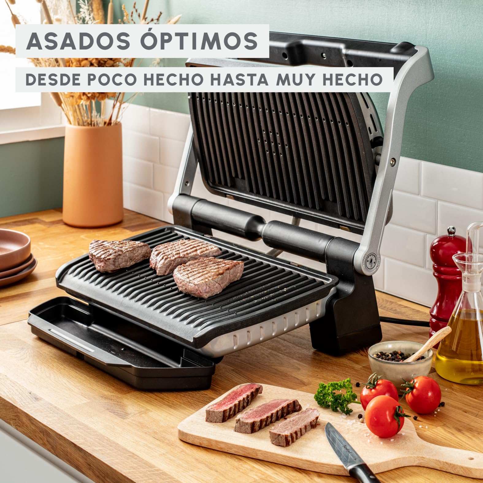 Moulinex Optigrill+ XL, parrilla eléctrica de interior, ideal para cocinar carne, pescado y verduras, indicador de cocción y 9 programas automáticos, placas antiadherentes, GI722D