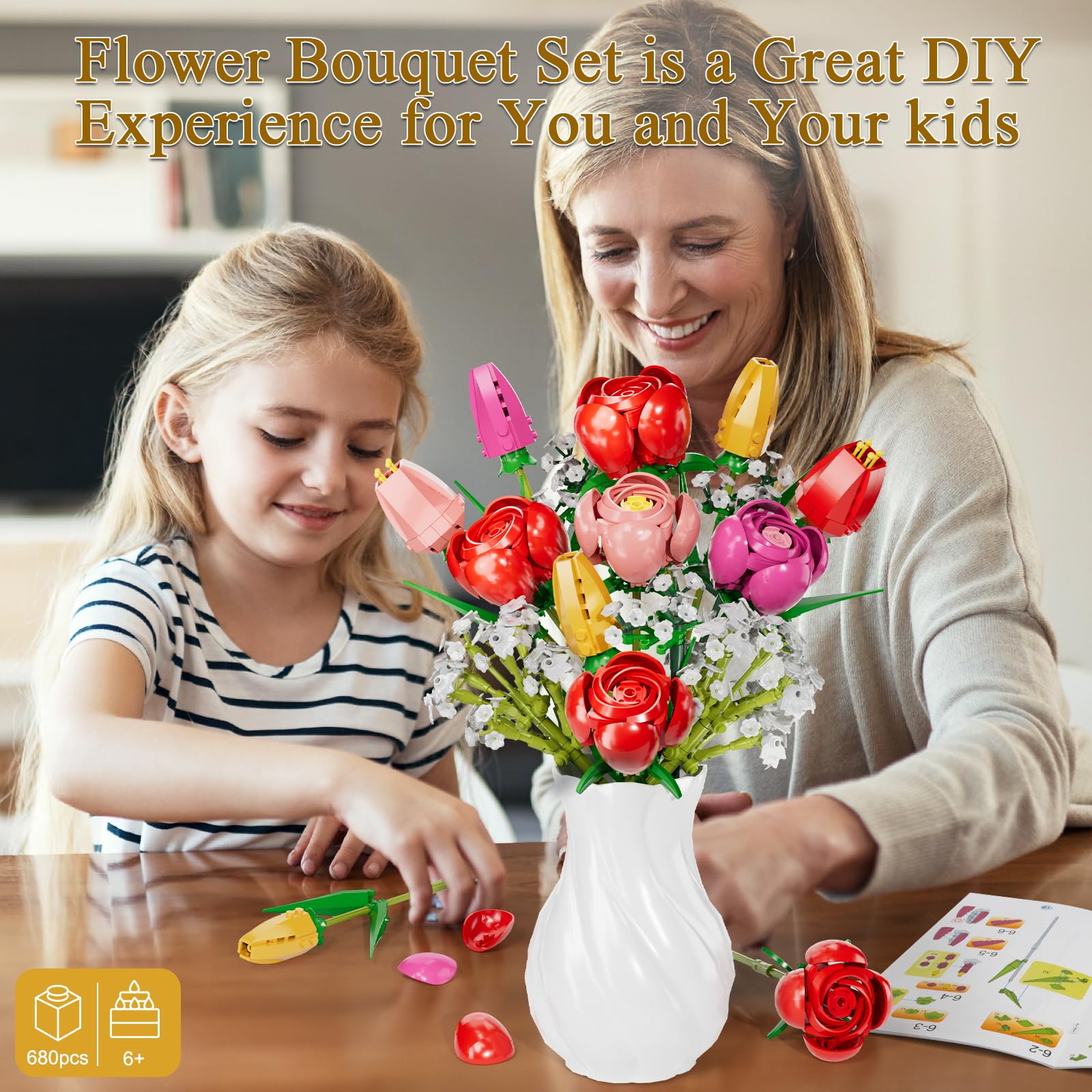 Set de Construcción de Ramos de Flores, Kit de Construcción de Ramo de Flores de Tulipanes Rosas, Colección de Flores Artificiales Botánicas para Adultos, Niños, Regalos de San Valentín