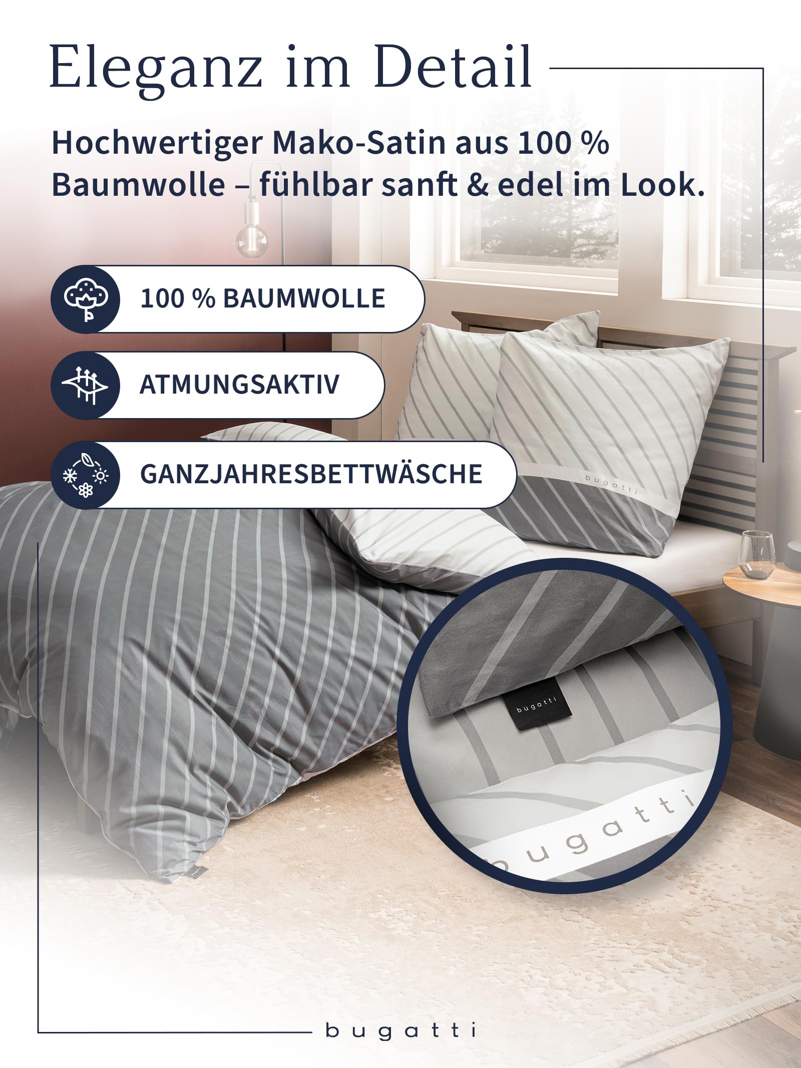 bugatti Bettwäsche 135 x 200 cm - 100% Baumwolle, Reißverschluss, anschmiegsam, weich & waschbar, Mako Satinbettwäsche gestreift grau