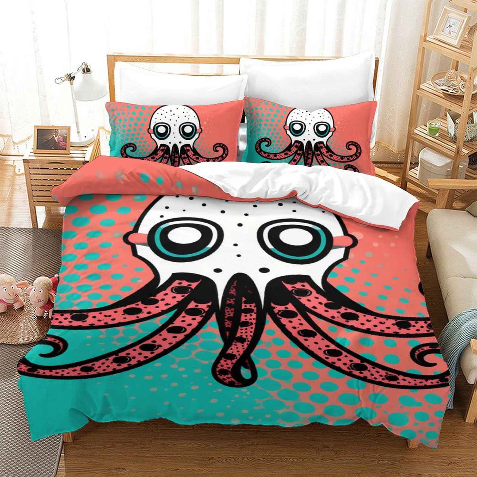 Parure de lit pour enfants et adultes motif pieuvre 3D lit 1 personne 140x200cm