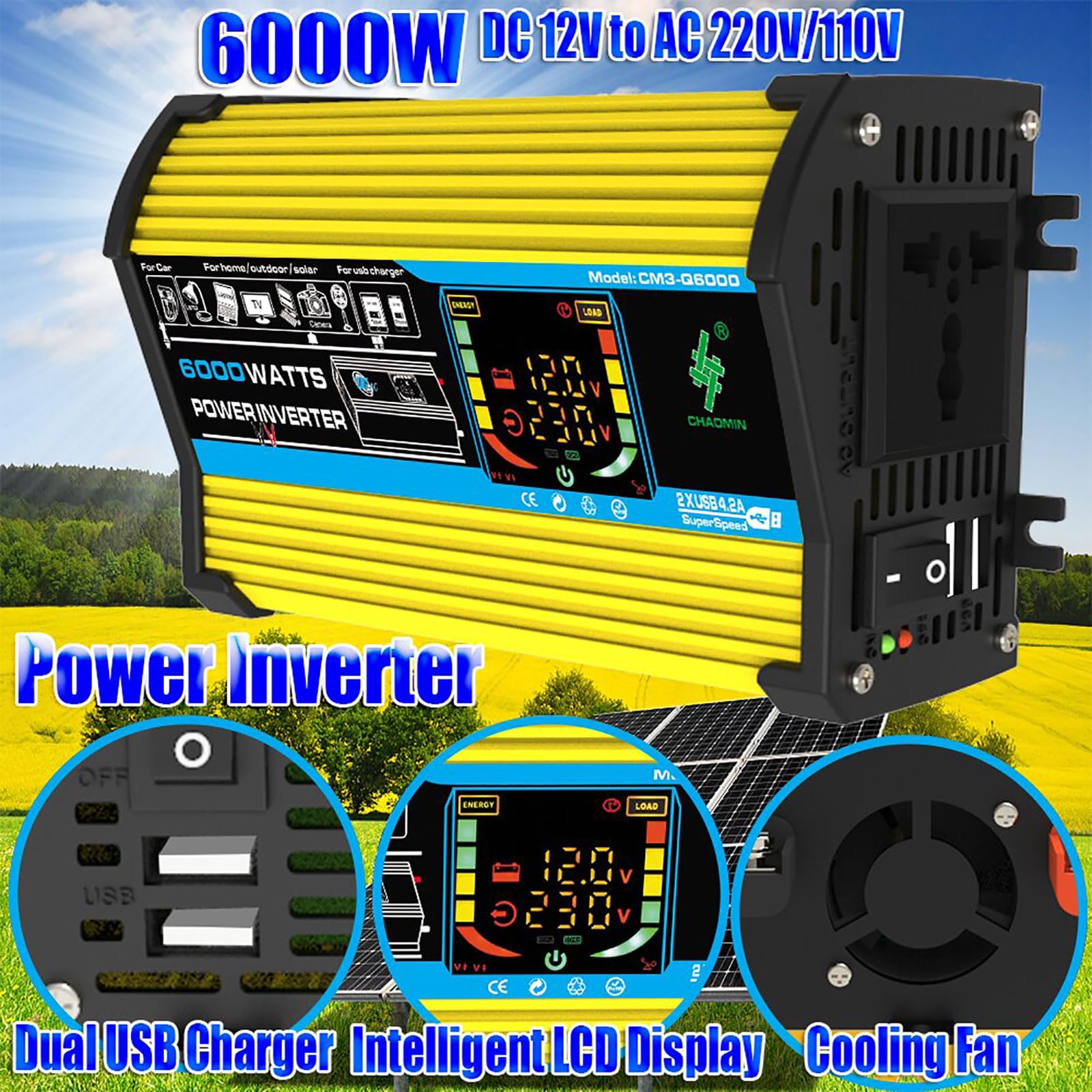 Kit Complet d'énergie Solaire: onduleur 6000W + Panneau monocristallin 50W avec contrôleur de Charge Intelligent for Camping, chalets et extérieur.(Unique Colour)