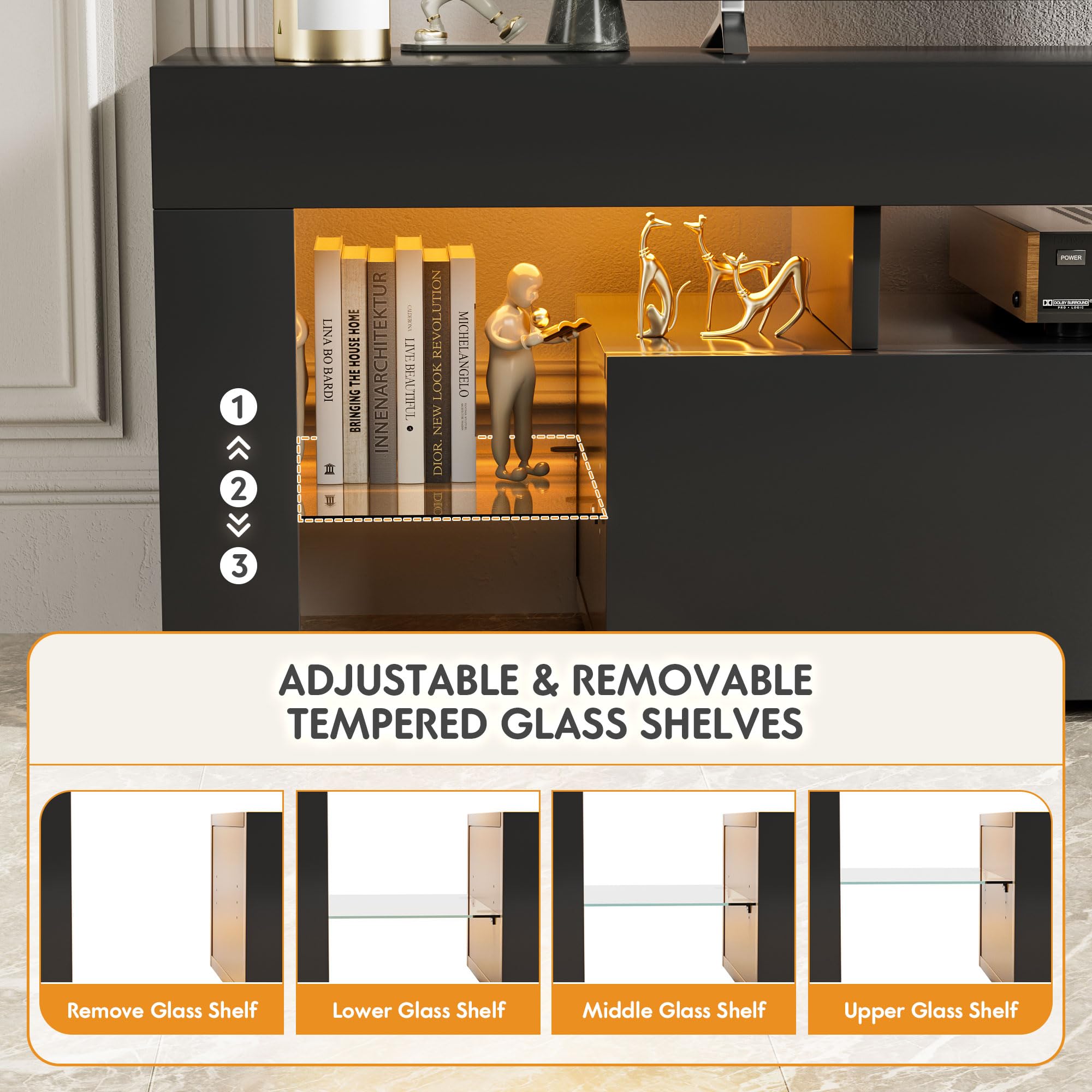 YESHOMY Modern Black LED TV Stand for Televisions up to 70 Inch with Glass Shelves and Drawer, Gaming Entertainment Center with Multiple Dynamic RGB Modes, for Livingroom, Bedroom, 60 Inch, Black