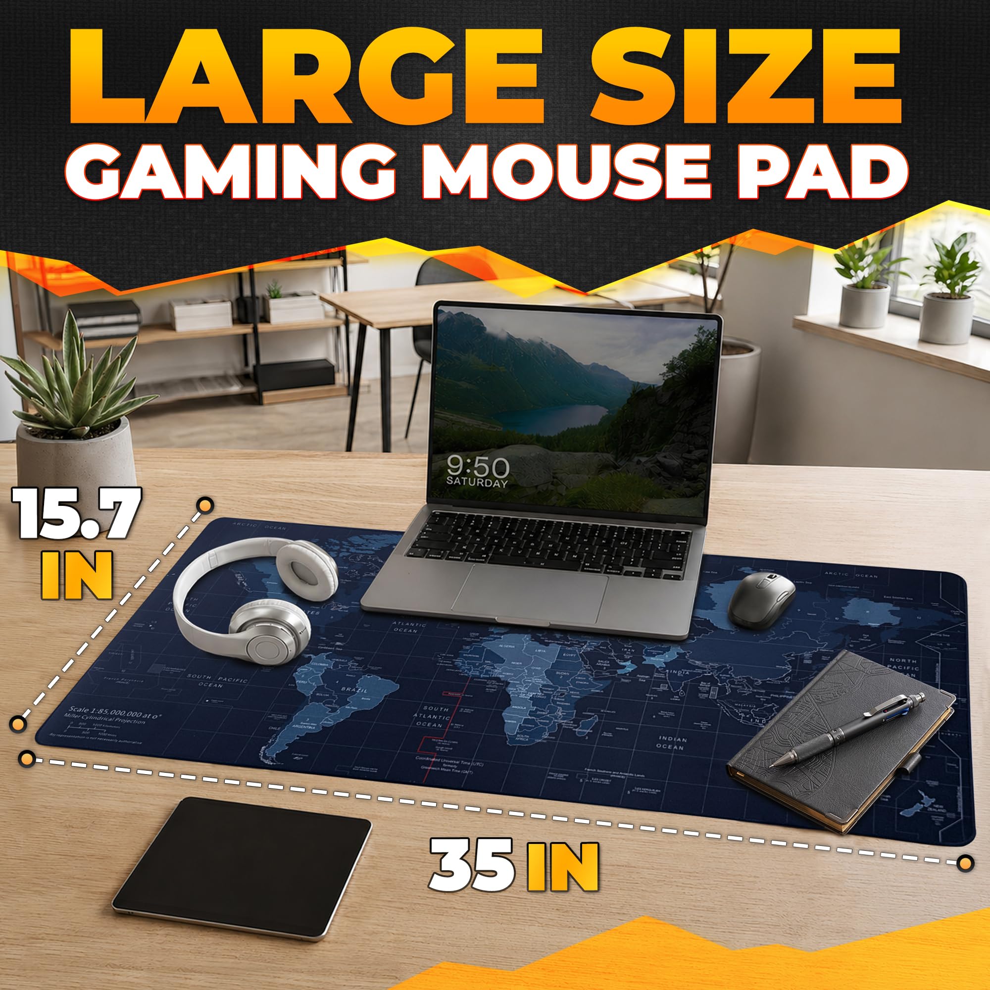 HELVETIOS World XXL Profesyonel Ekstra Büyük Mouse Pad ve Bilgisayar Oyunu Mouse Mat Oyun Klavyesi Kaymaz Mouse Pad'ler Masa için 89,9 cm x 39,9 cm Ev Ofis Masa Pedi Klavye ve Oyun Pedi için Fare Altlığı