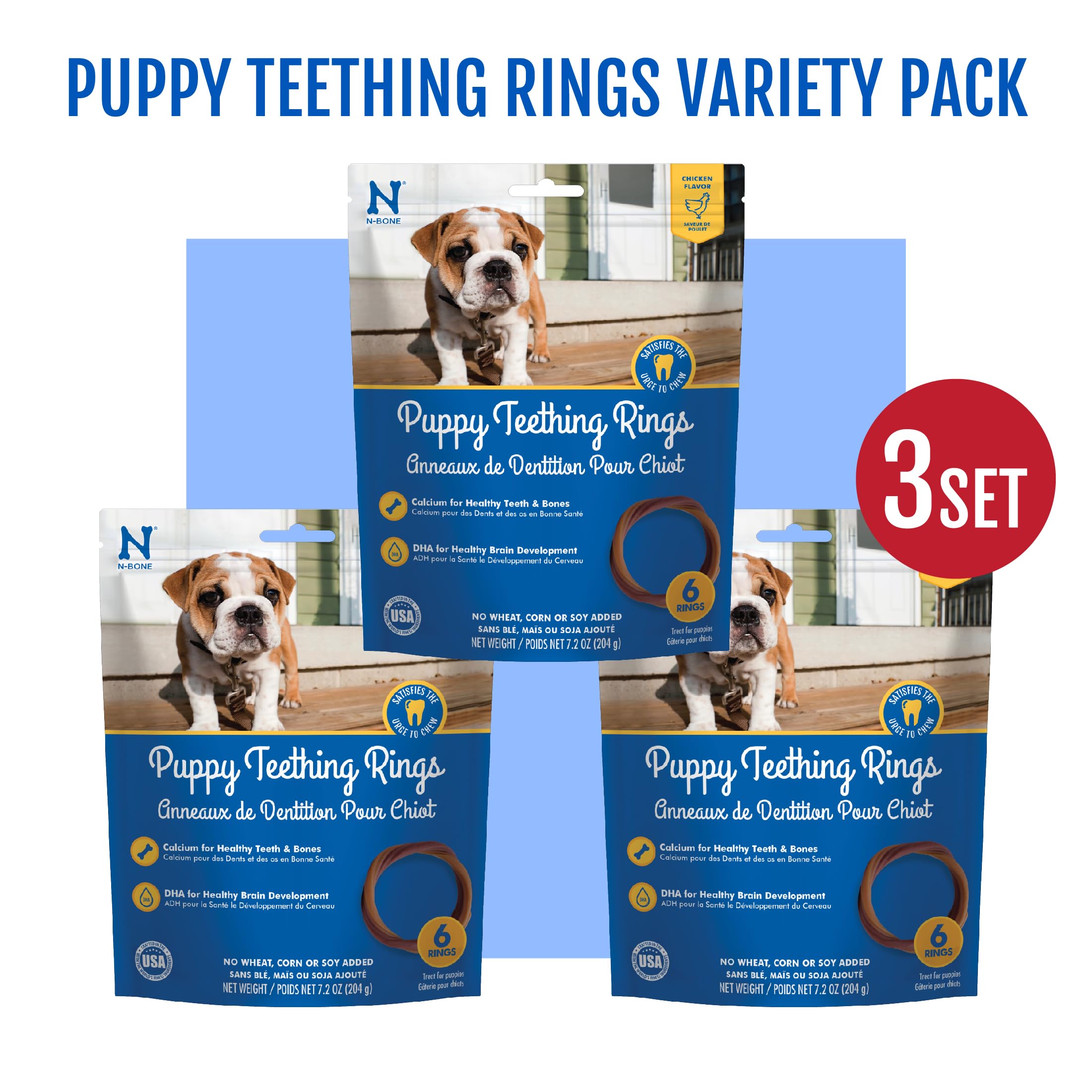 N-Bone Anillos de dentición para Cachorros, Sabor a Pollo, 18 Anillos en Total, 21 onzas, Juguetes Naturales para Masticar para Cachorros, Alternativa para molestias de dentición, Perros pequeños y
