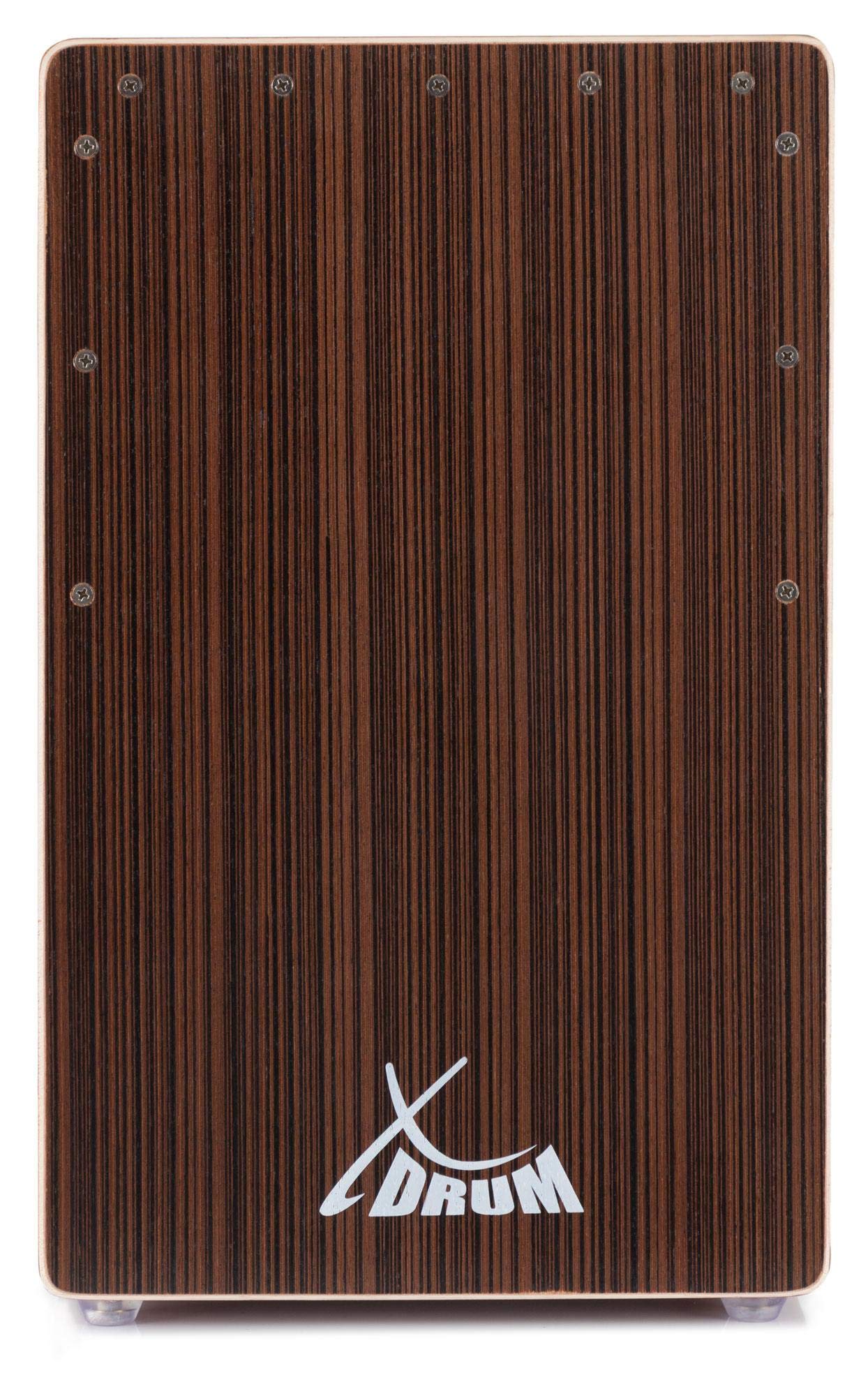 XDrum Cajon El Bajo Bass Port Cocoa Brown/Ebony Set - Cajon mit Bass POrt, Edelholz-Furnier-Schlagflächen & fest installiertem Snare Teppich inkl. Gigbag & Cajonschule für Einsteiger