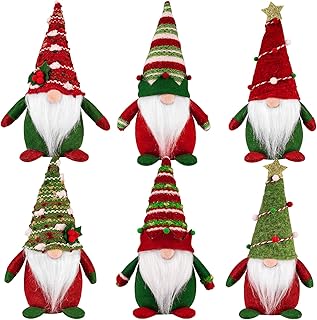 ilauke 6 Pcs Ghristmas Gnomes Decorations, 20cm Christmas Gonk Gnome Plush Xmas Winter Decorations with Red and Green Striped, Handmade Plush Santa Elves for Home Kitchen Farmhouse