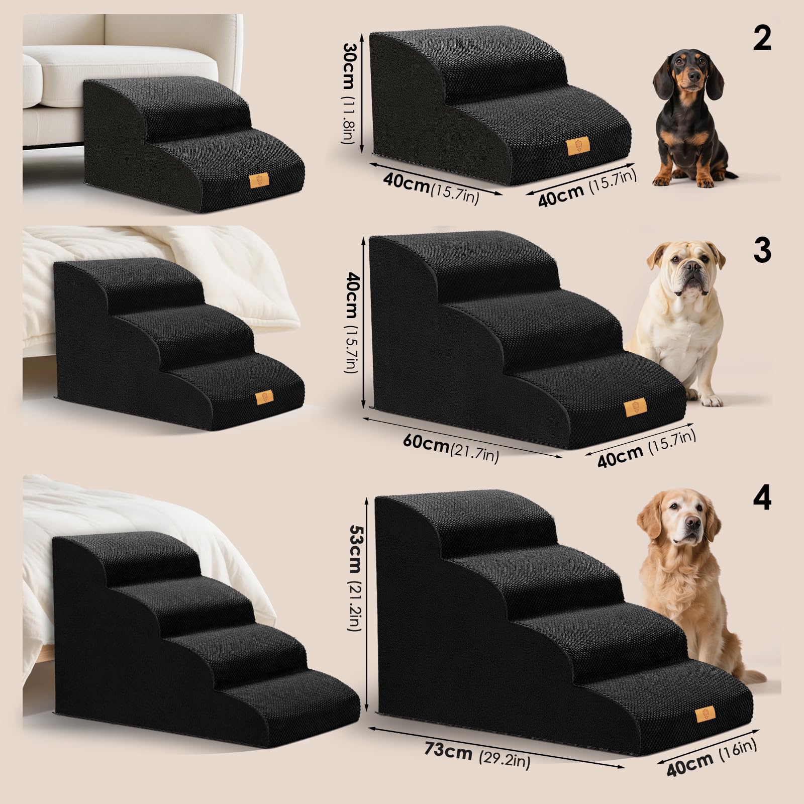 Escalera para Perros pequeños, Escalera para Mascotas, 3 peldaños, Esponja de Alta Densidad, 40 cm de Alto con Funda Impermeable, Antideslizante para sofá Cama, Color Negro
