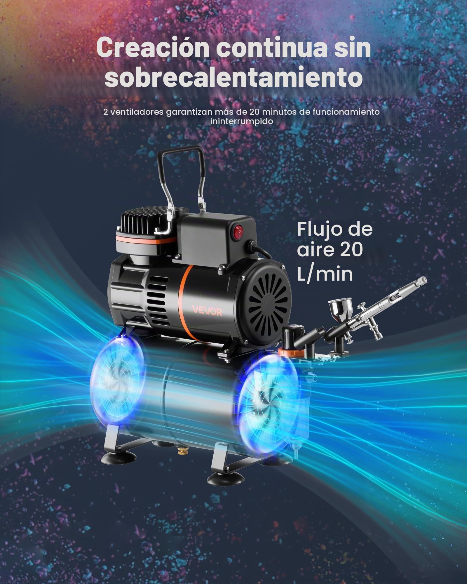 VEVOR Kit de Aerógrafo con Compresor de Aire 1/6 HP Compresor de Aerógrafo de Doble Acción con Boquilla, Manguera, 24 Pinturas Acrílicas, Kit de Pintura para Decoración de Tartas, Maquetas, Uñas