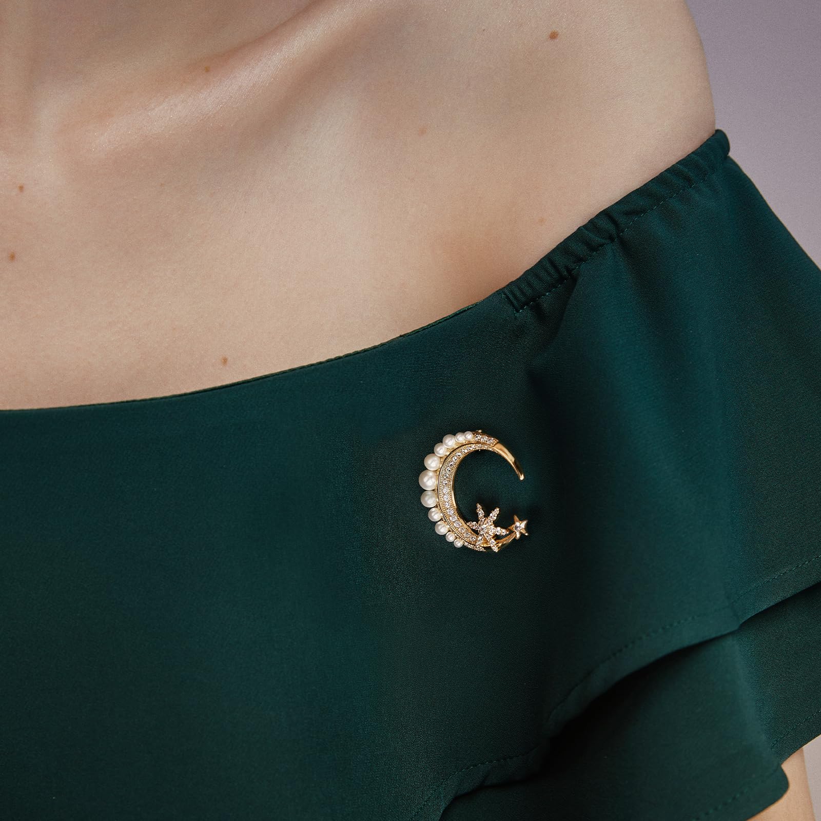 Vintage Perlen-Brosche mit Mond und Stern, Kristall-Strass-Brosche, 8-zackiger Stern, Anstecknadel, Barockperle, Goldstifte und Broschen, Schmuck, SHE'S FREE STYLE JUST FOR YOU Metallbeschichtung