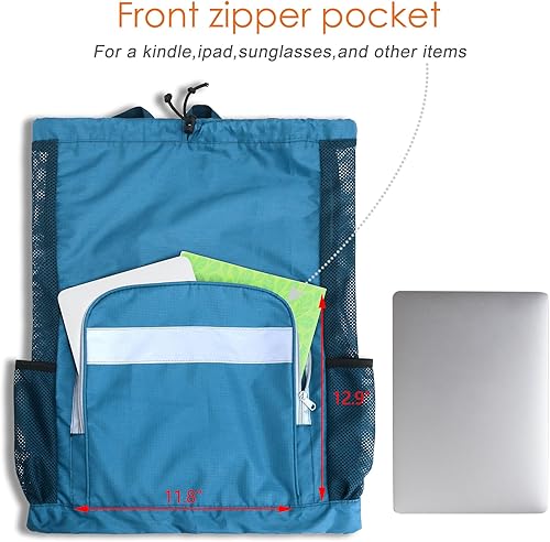 Miniatura 4 de BeeGreen Mochila de gimnasio con cordón y bolsillo con cremallera, bolsa de natación para hombres y mujeres, bolsa de natación con cordón, bolsa