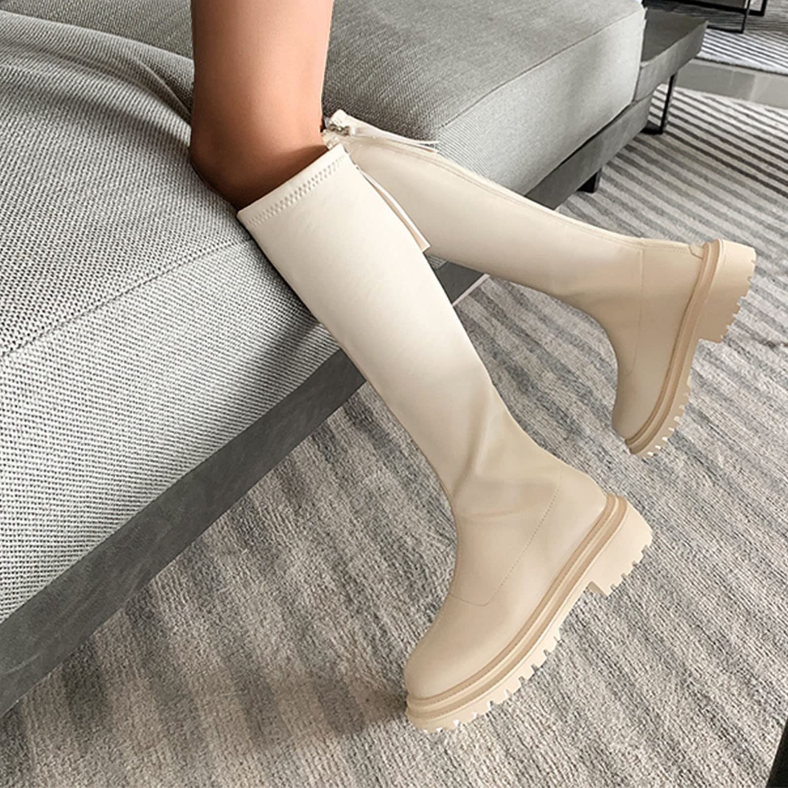 Mujer Botas Altas Rodilla Ancha Pantorrilla,Botas De Cuero Con Tacón Para Mujer,Botas De Tacón De Bloque Antideslizantes Sólidos Botas De Tacón Redondo Largas Botas De Mujer
