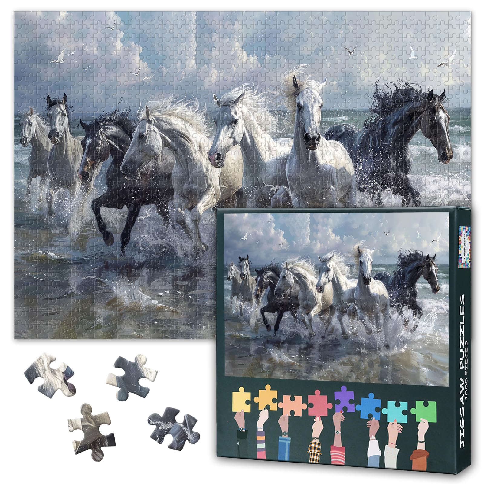 Jigsaw Puzzle 1000 Piece for Adults, Galloping Horses in Water, Dynamic Splash Art, Premium Adult Puzzles 1000 Pieces