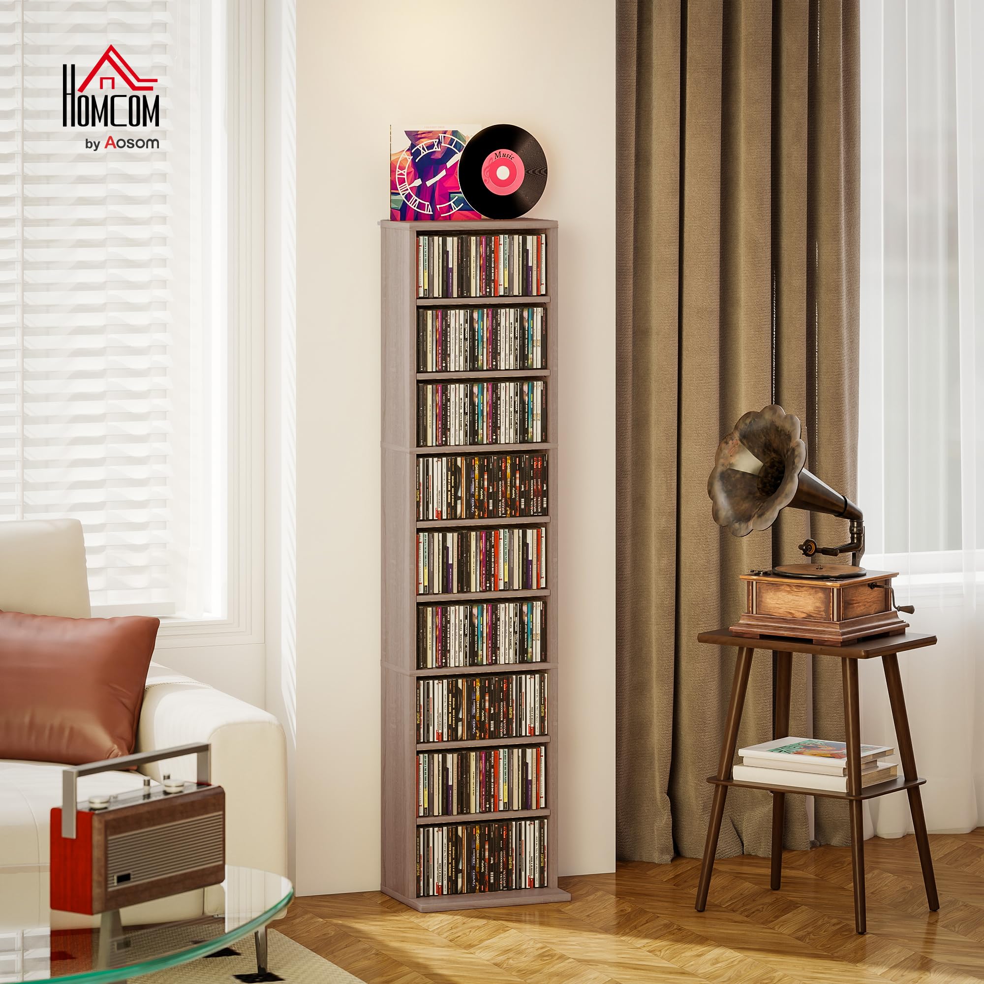 HOMCOM Rangements pour CD et DVD, meuble de rangement multimédia, capacité max. 260 CD/120 DVD, 9 compartiments et 6 étagères réglables, pour salon, chambre, bureau, 33 x 24 x 140 cm, bois naturel