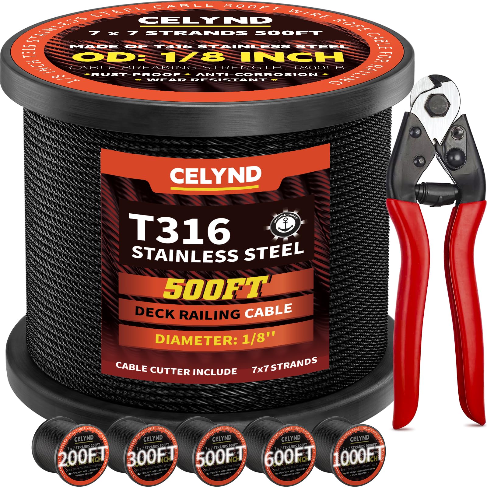 CELYND Black Stainless Steel Cable 500ft 1/8in T316