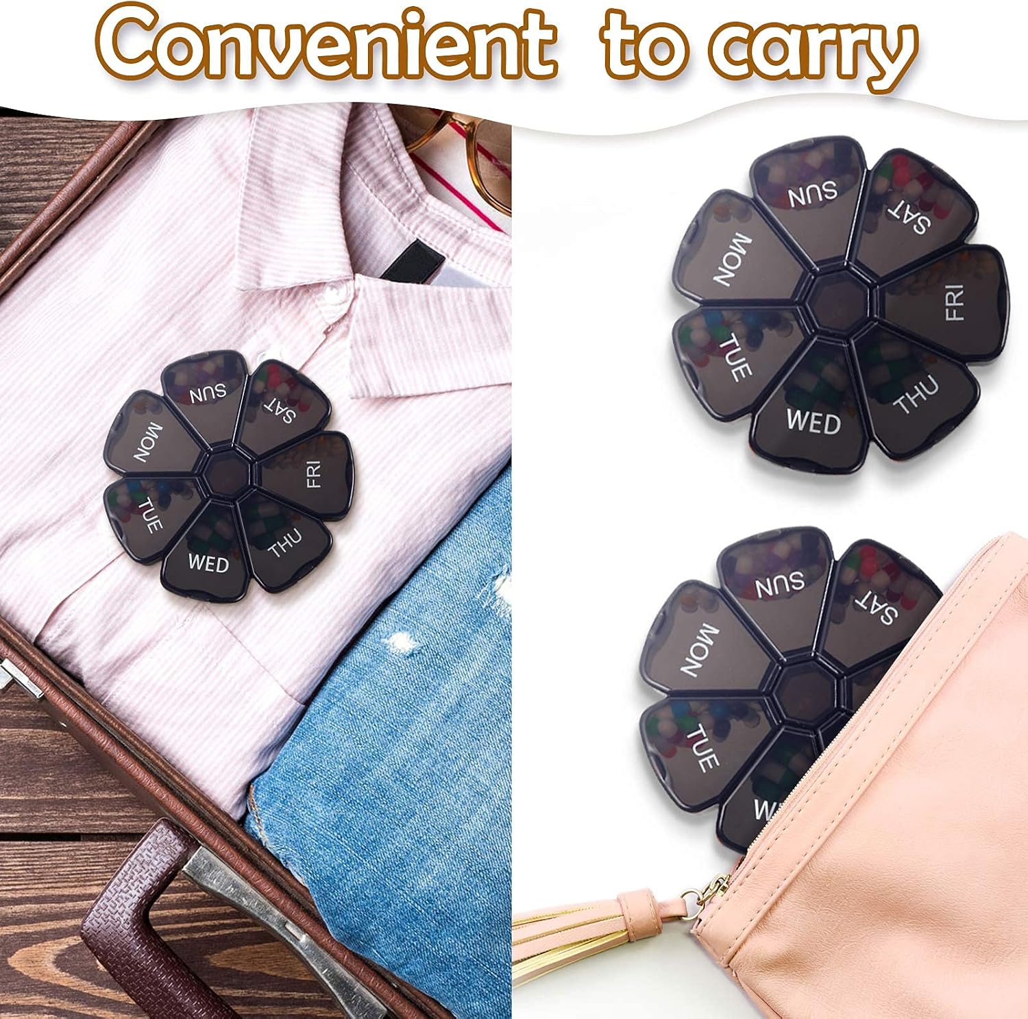 2 Pieces Large Weekly Pill Organizer 7 Day Portable Pill Box Case Medicine Organizer Flower Pill Container for Vitamin Cod Liver Oil Travel Pills Medication (Black, Mixed Colors)