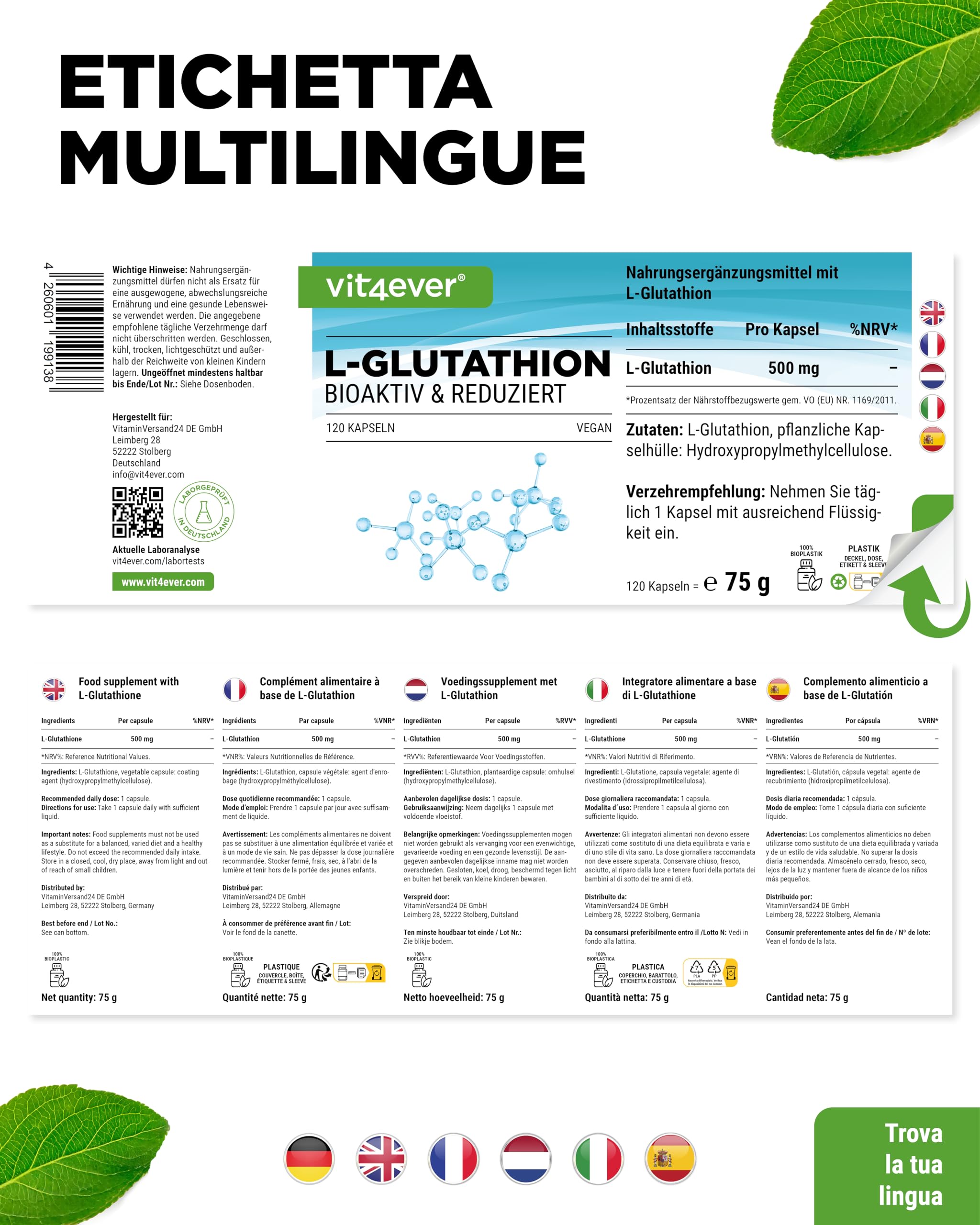 L-Glutathione - 120 Capsules with 500 mg per capsule - Premium: Reduced  Glutathione and Bioactive Fermentation - Highly Dosed - Vegan : Amazon.it:  ...