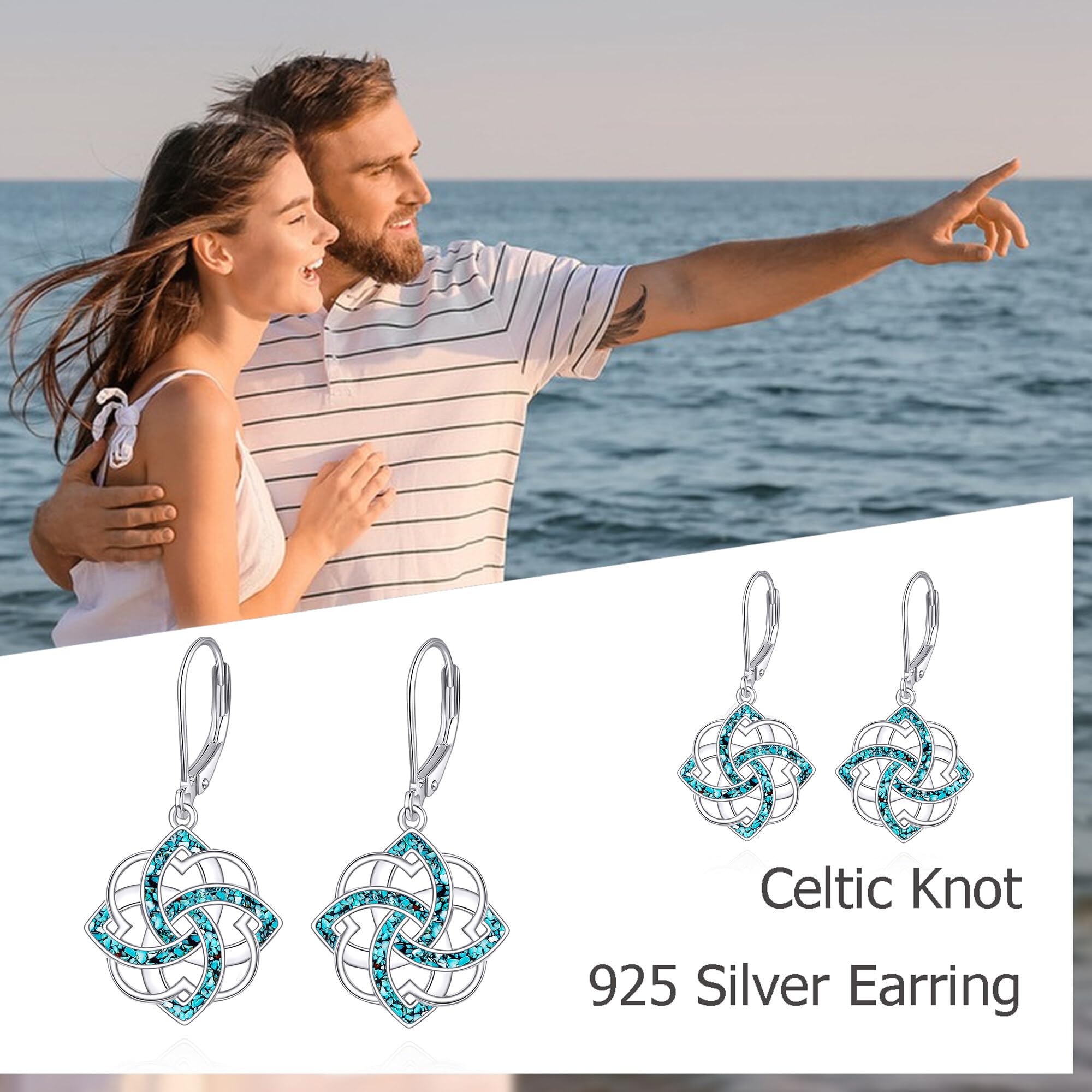 YAFEINI Keltische Knoten Ohrringe 925 Sterling Silber Keltischer Knoten Leverback Ohrringe Türkisfarbene Baumelnde Ohrringes Irischer Schmuck Geschenke für Damen