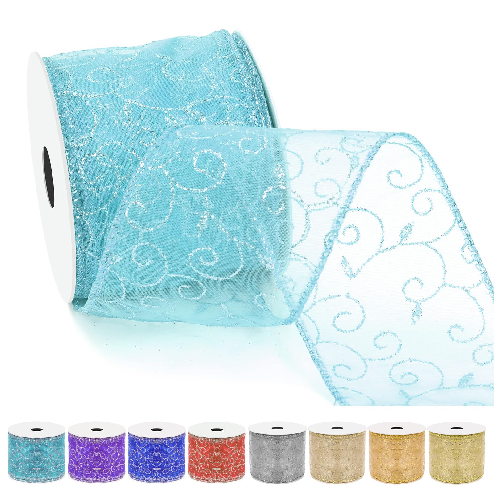 Tanstic 2.5 Zoll x 10 Yards Türkis Swirl Glitter Drahtband Organza Transparent Band mit Glitter Swirl Muster und Metallic Rand für Baum Dekoration Geschenkverpackung