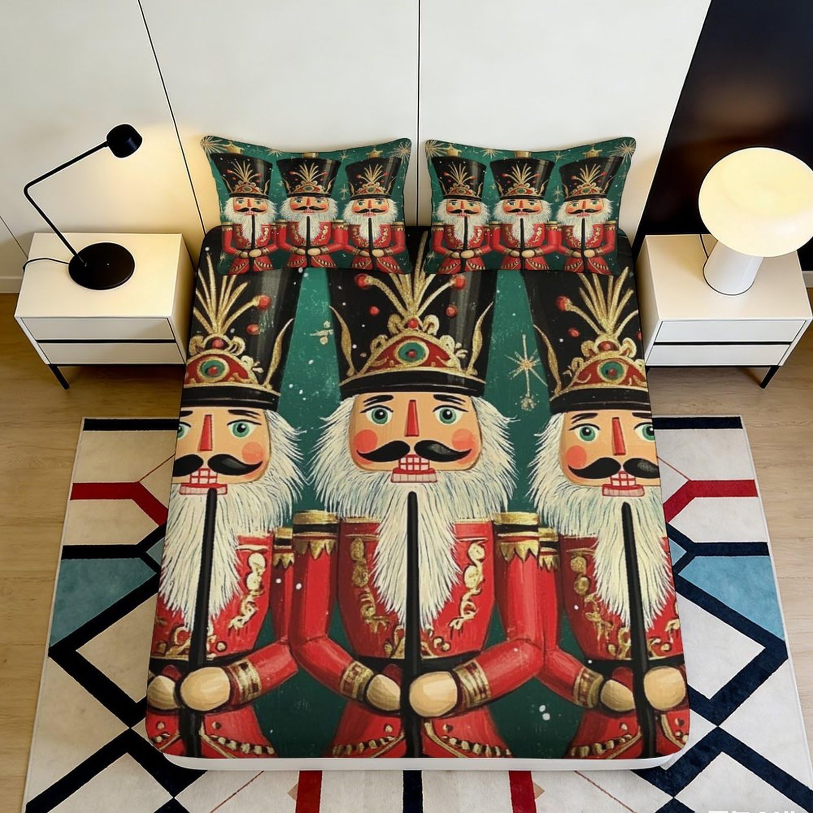 3D Printed Nutcracker Fitted Sheet Microfiber Soft Durable Christmas Bed Cover for Bedroom Dormitory Guest Room Mattress Protection Decoration 120x200x25cm